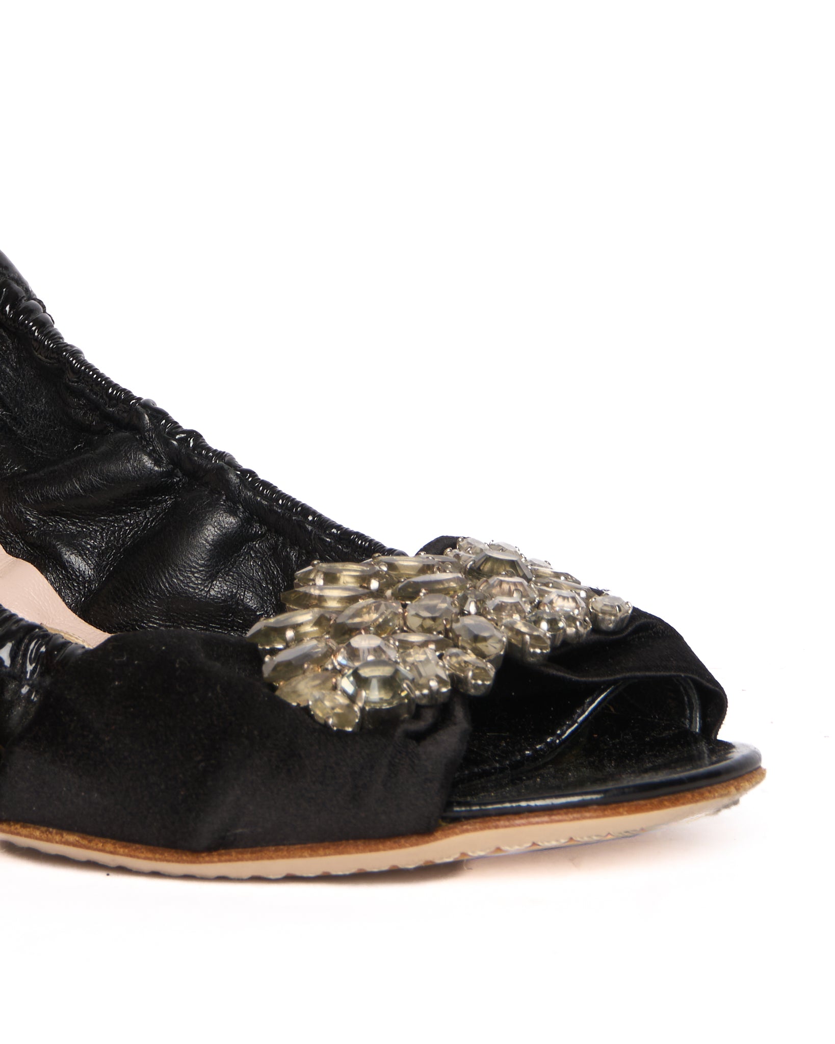 Late 00s Miu Miu Patent Leather Crystal Bow Peep Toe Ballet Flats