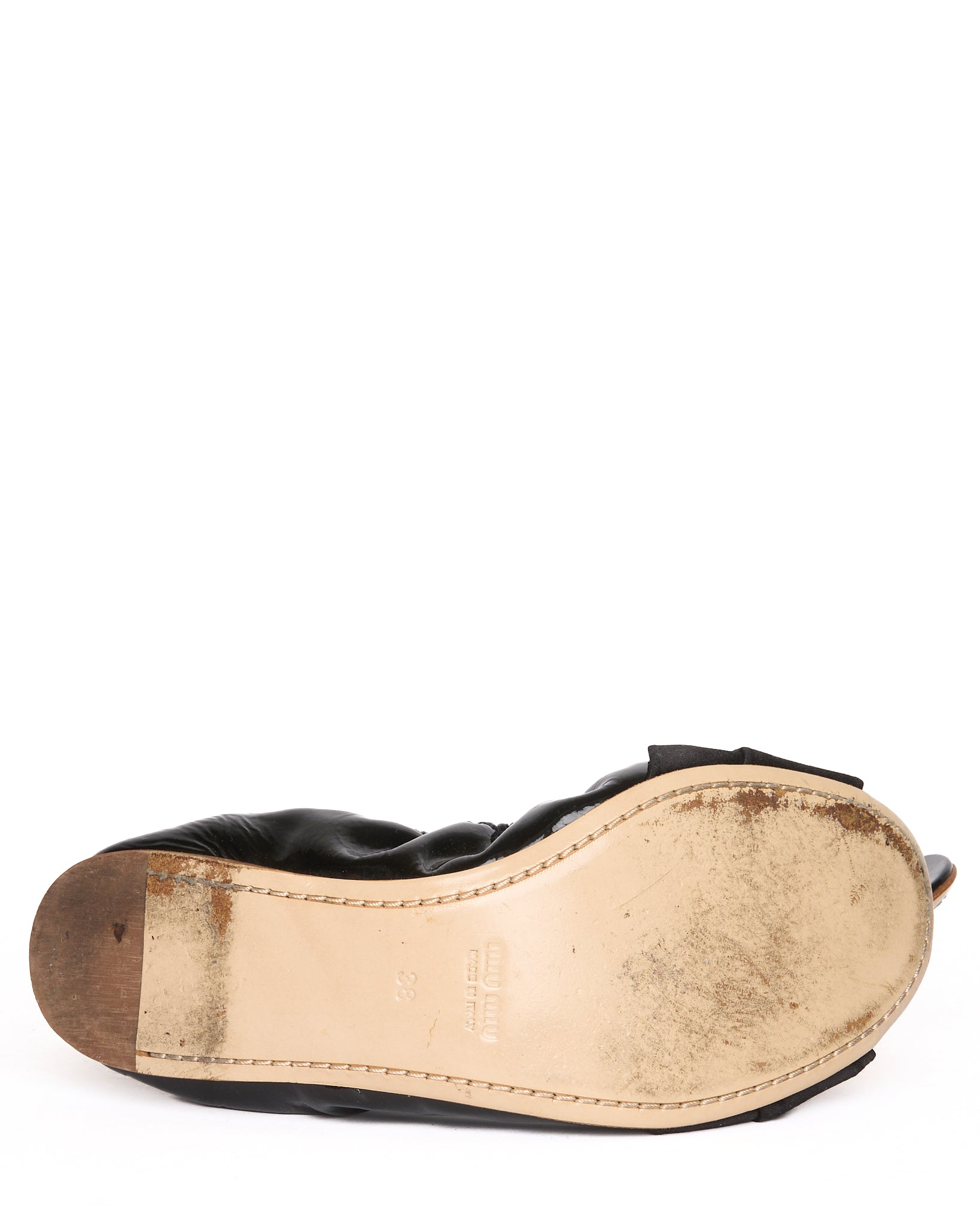 Late 00s Miu Miu Patent Leather Crystal Bow Peep Toe Ballet Flats