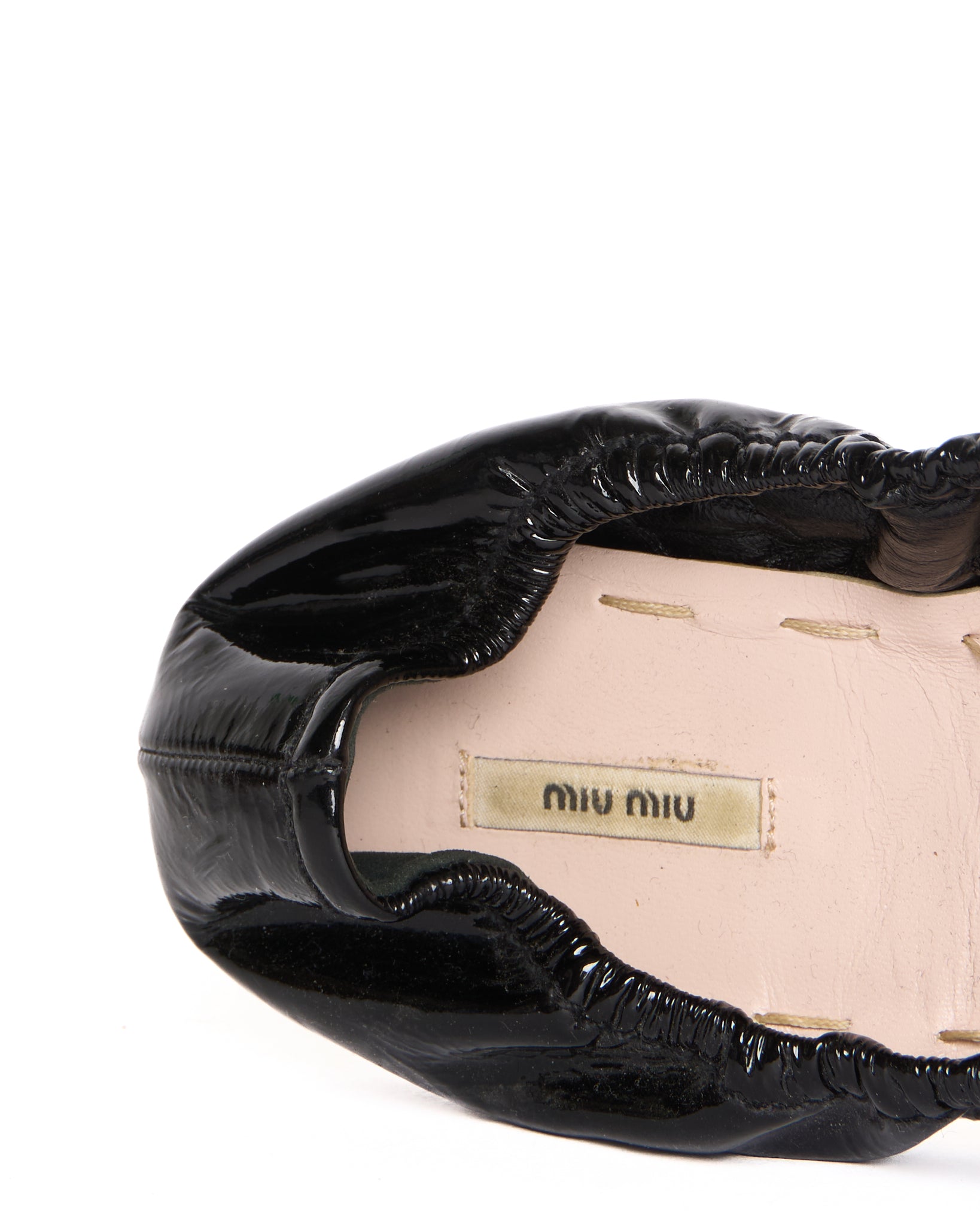 Late 00s Miu Miu Patent Leather Crystal Bow Peep Toe Ballet Flats