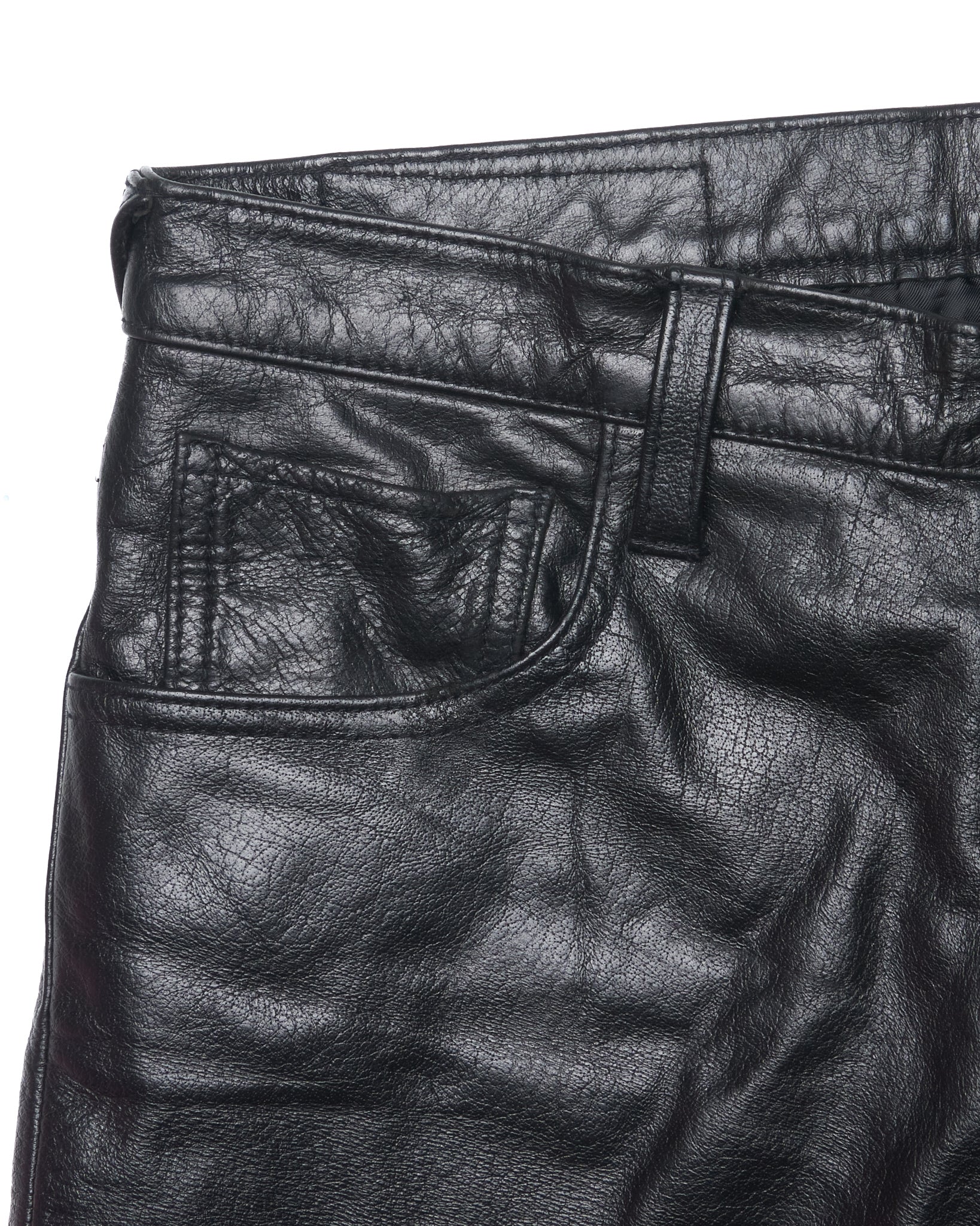 Close-up of black leather pants with a belt buckle.