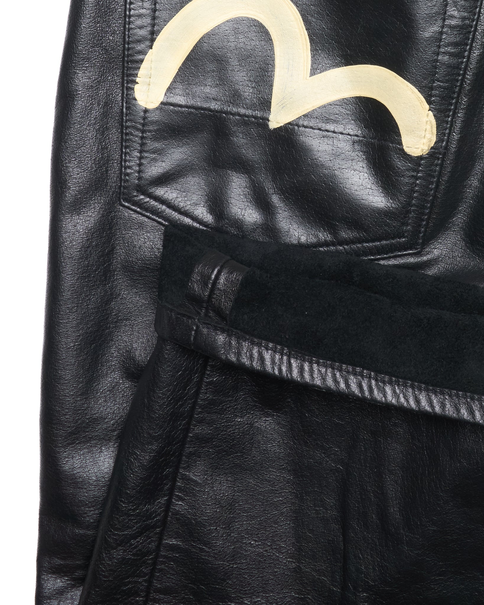 Black leather jacket with a gold logo on a white background
