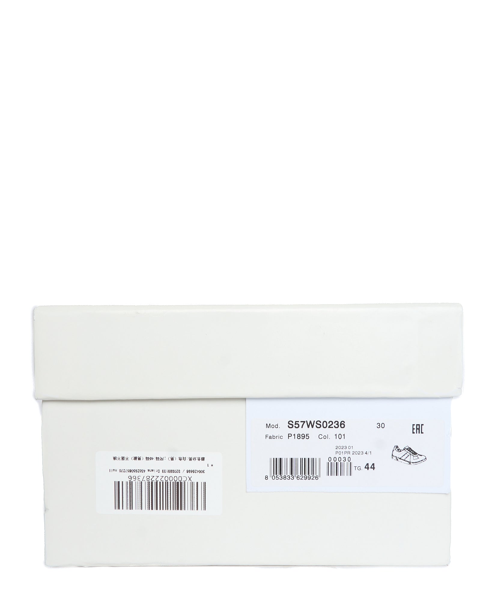 White shoe box with a label on a white background