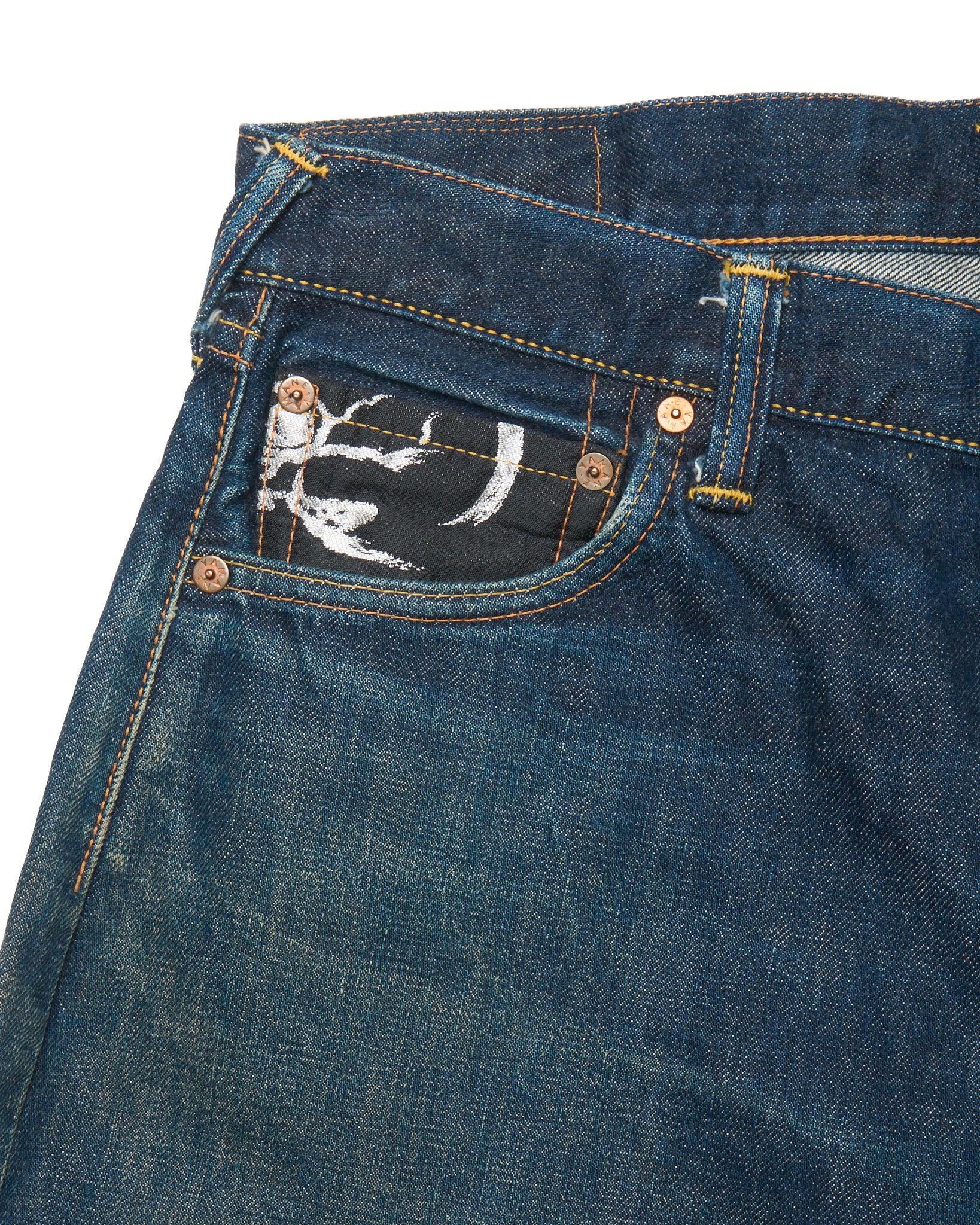 Early 00s EVISU Jacquard Pocket Hand-Paint Selvedge Jeans