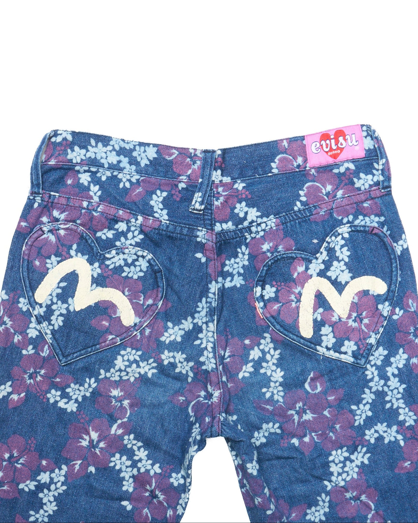 90s EVISU Donna Floral Print Hand-Paint Flare Jeans