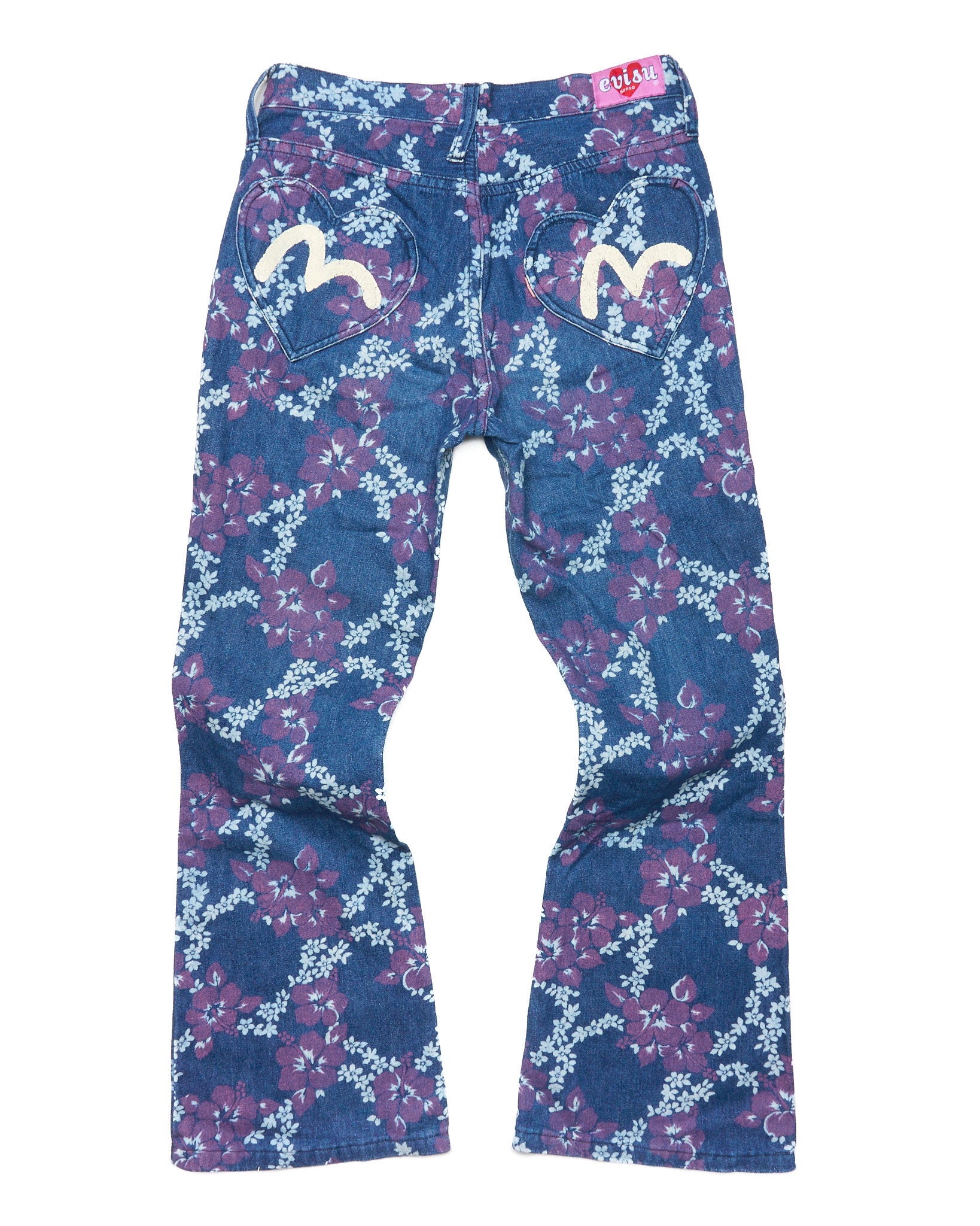 90s EVISU Donna Floral Print Hand-Paint Flare Jeans