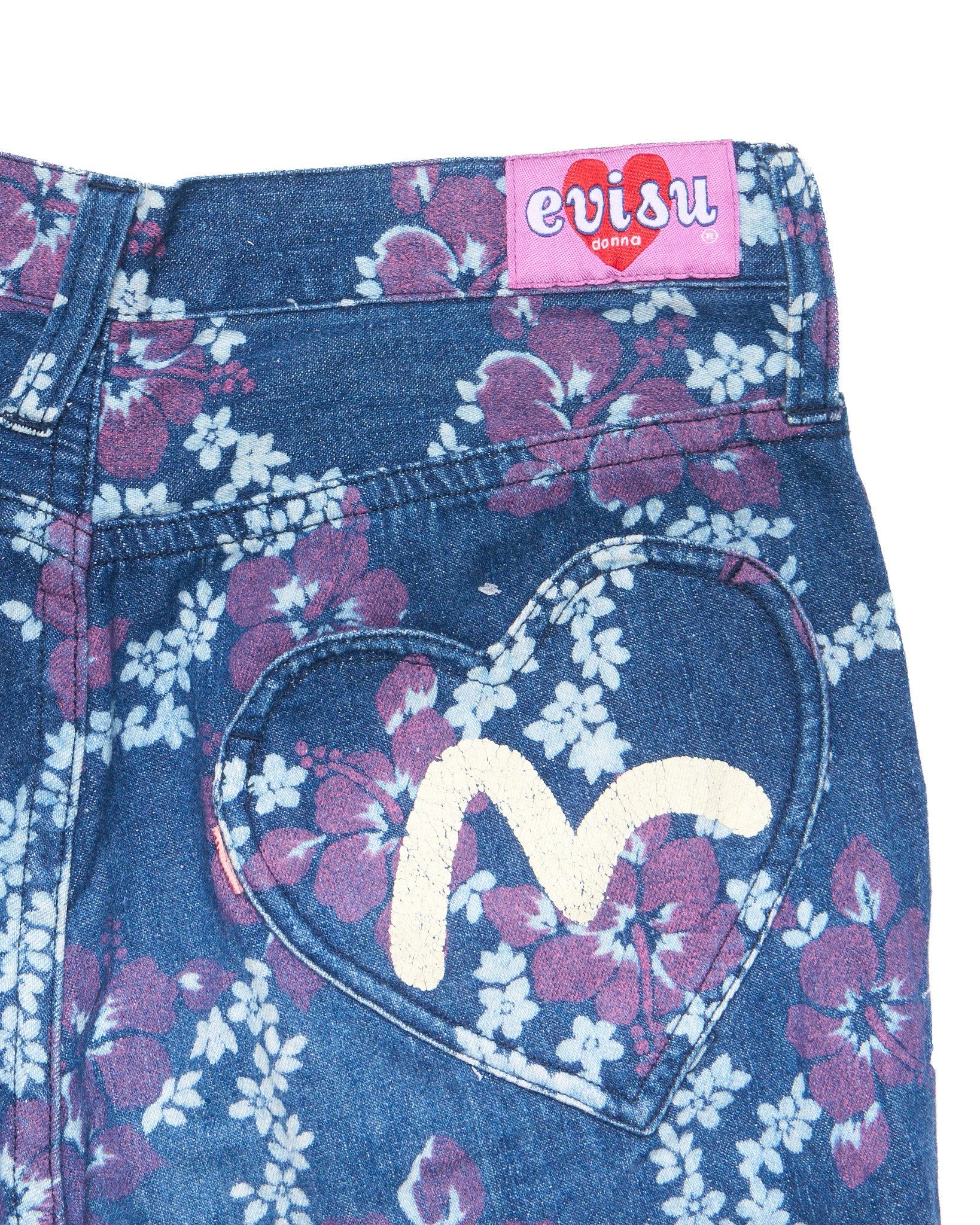 90s EVISU Donna Floral Print Hand-Paint Flare Jeans