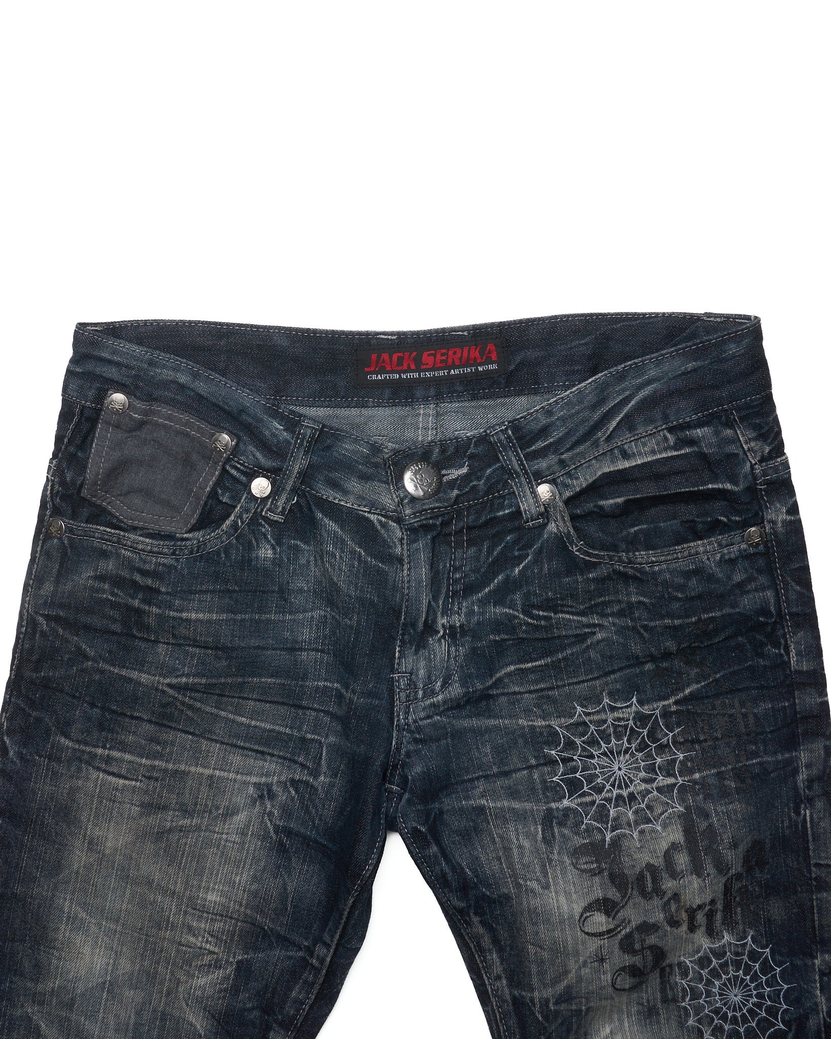 Early 00s JACK SERIKA Web Embroidered Whiskered Flare Denim