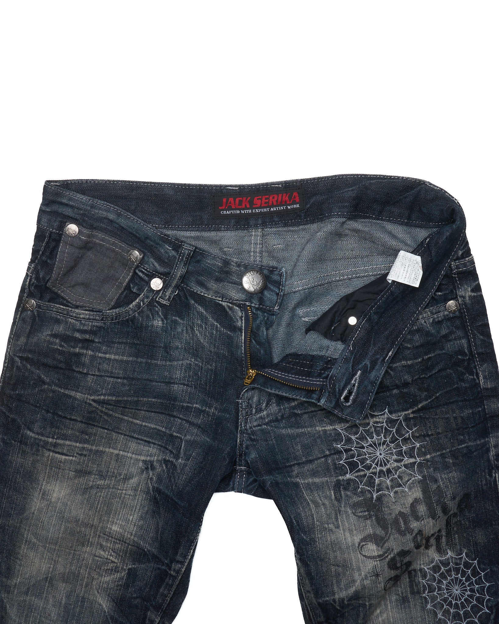 Early 00s JACK SERIKA Web Embroidered Whiskered Flare Denim
