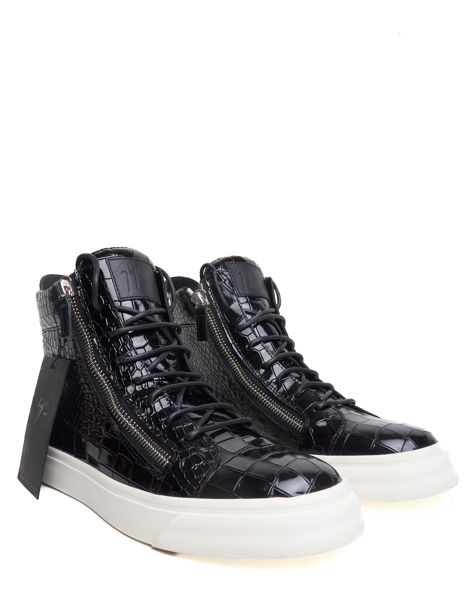 Giuseppe Zanotti Black Patent Python High Top Zip Up Sneakers