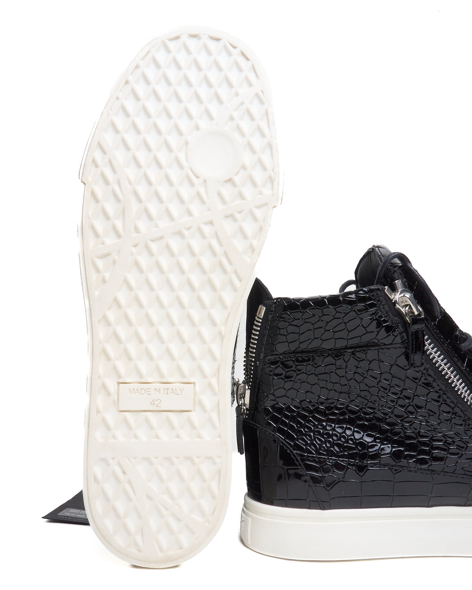 Giuseppe Zanotti Black Patent Python High Top Zip Up Sneakers
