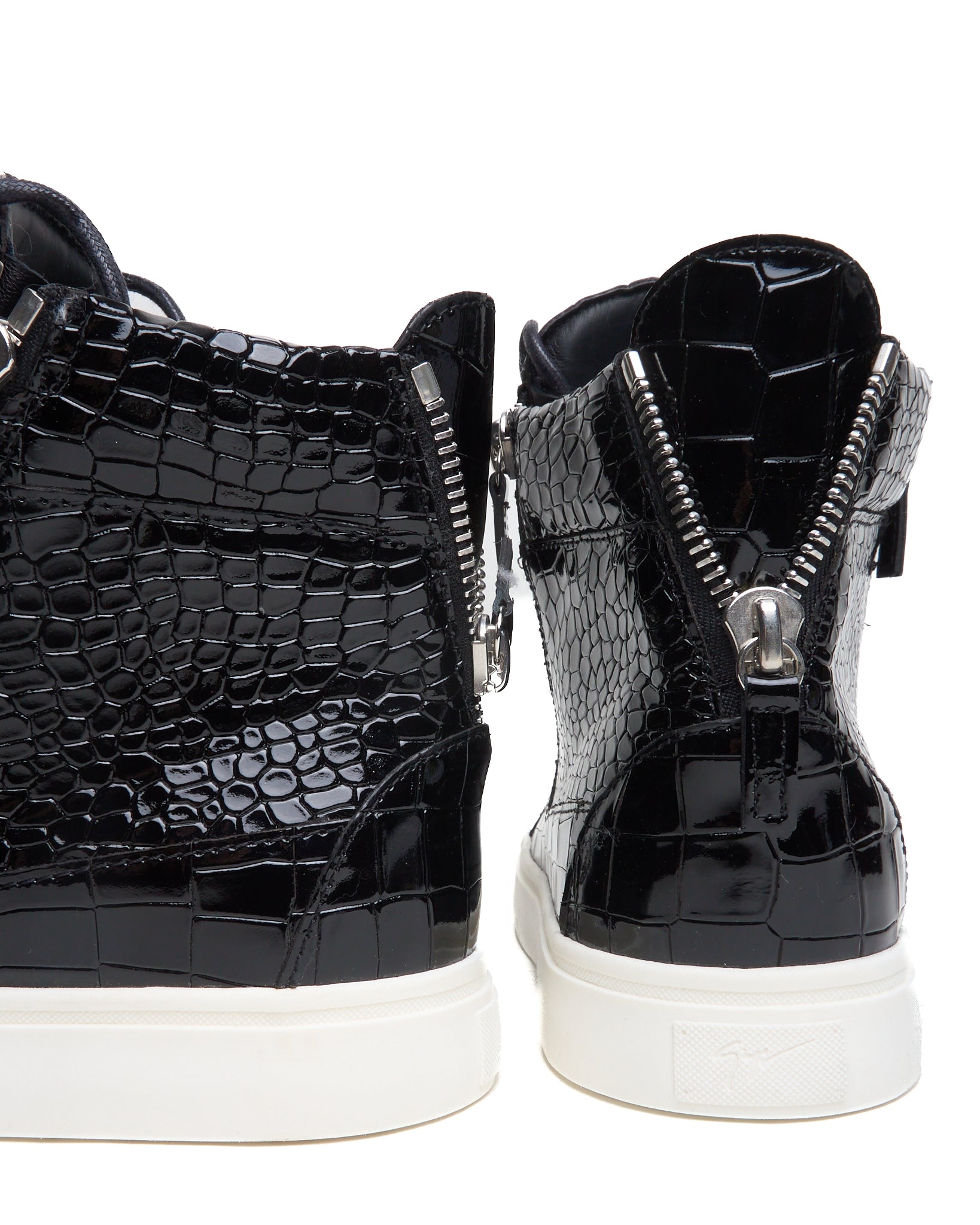 Giuseppe Zanotti Black Patent Python High Top Zip Up Sneakers