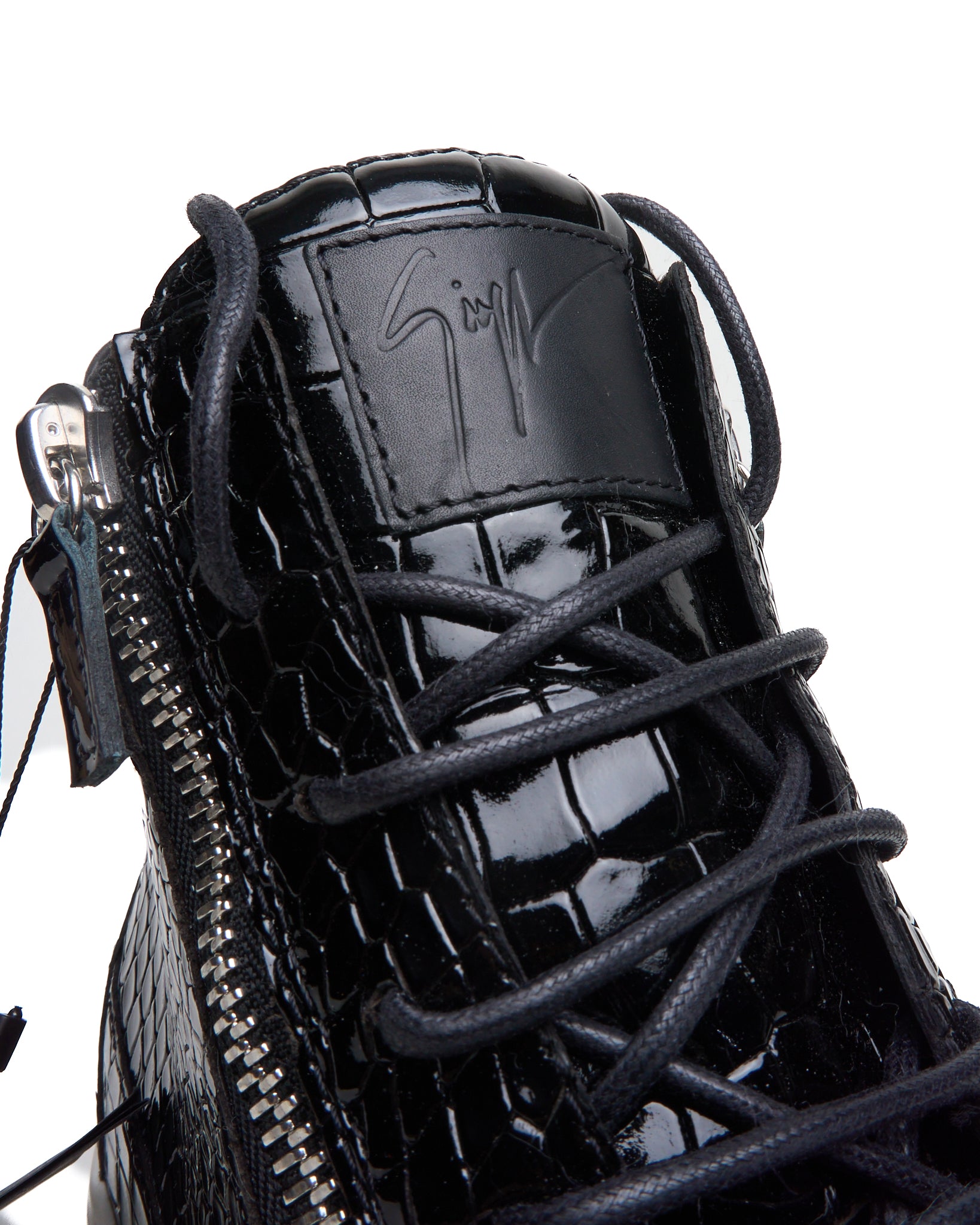 Giuseppe Zanotti Black Patent Python High Top Zip Up Sneakers
