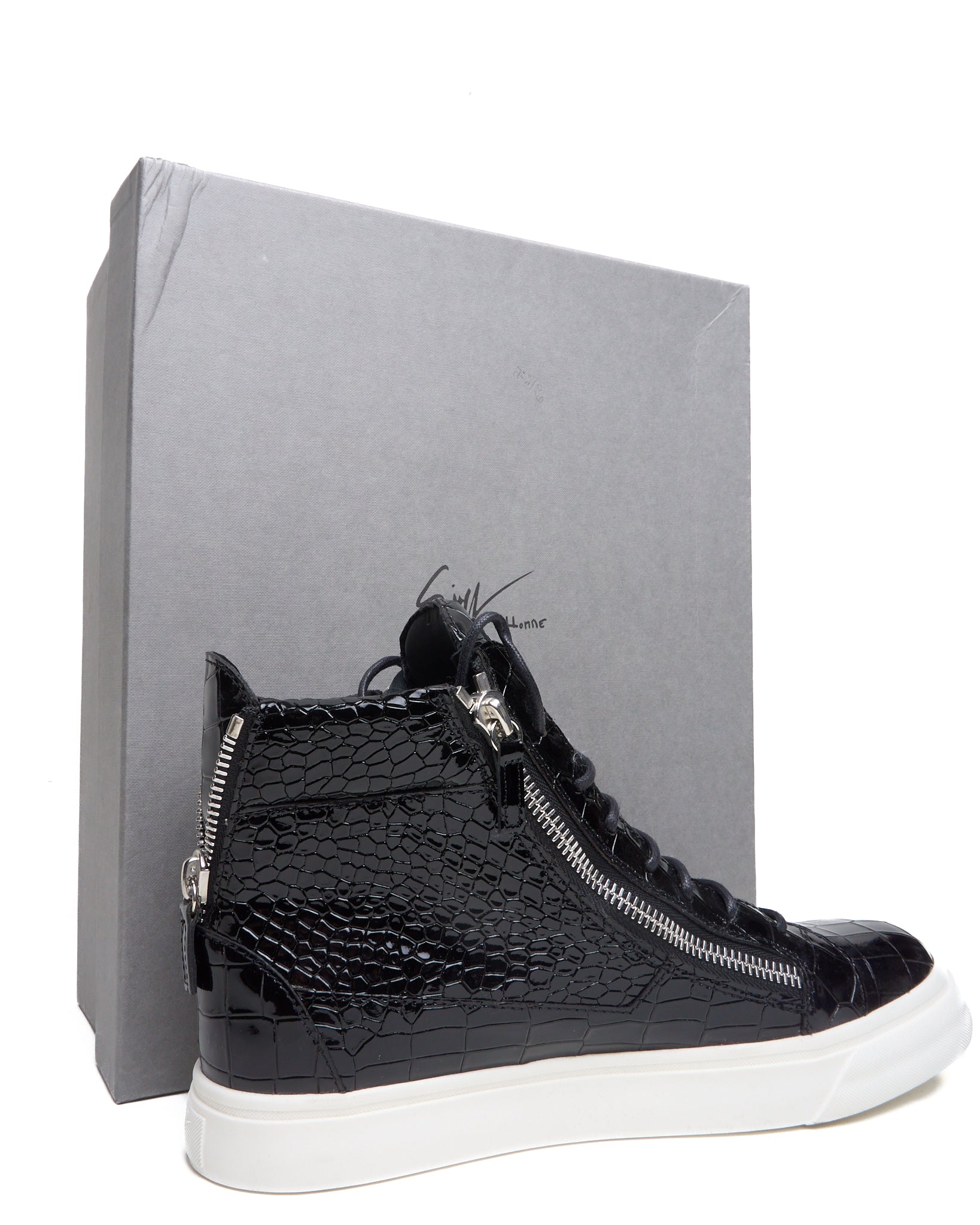 Giuseppe Zanotti Black Patent Python High Top Zip Up Sneakers
