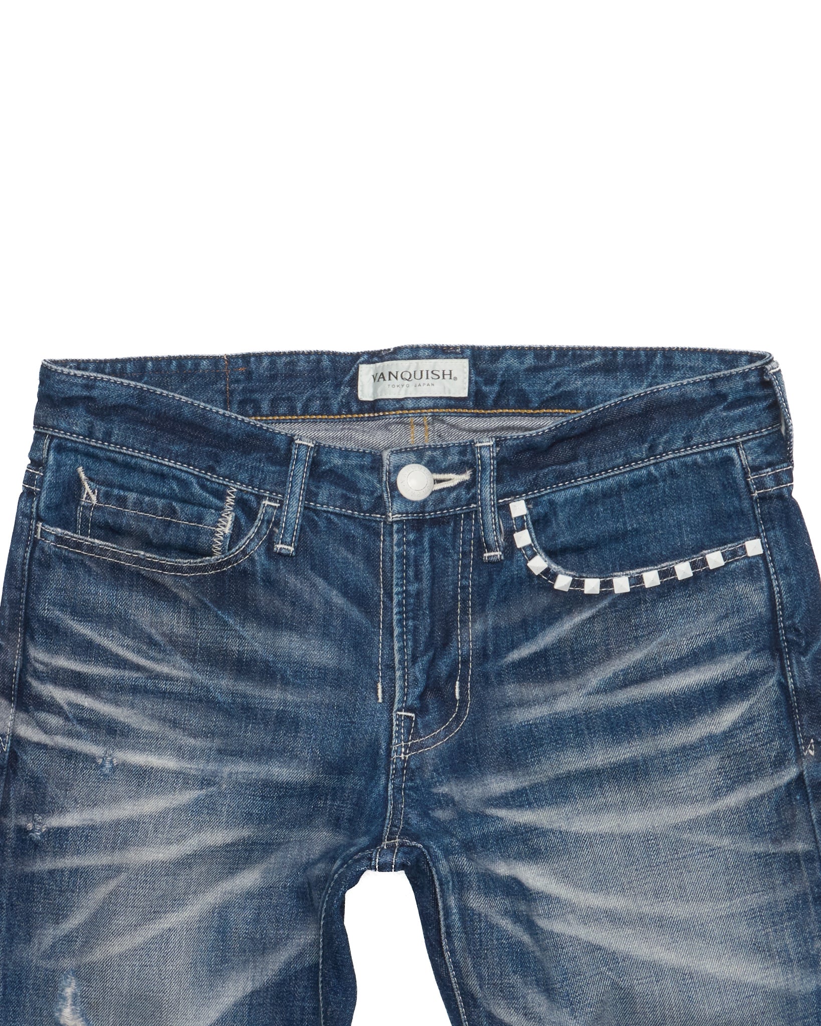 S/S11 VANQUISH Blue Washed Distressed Studded Bootcut Denim
