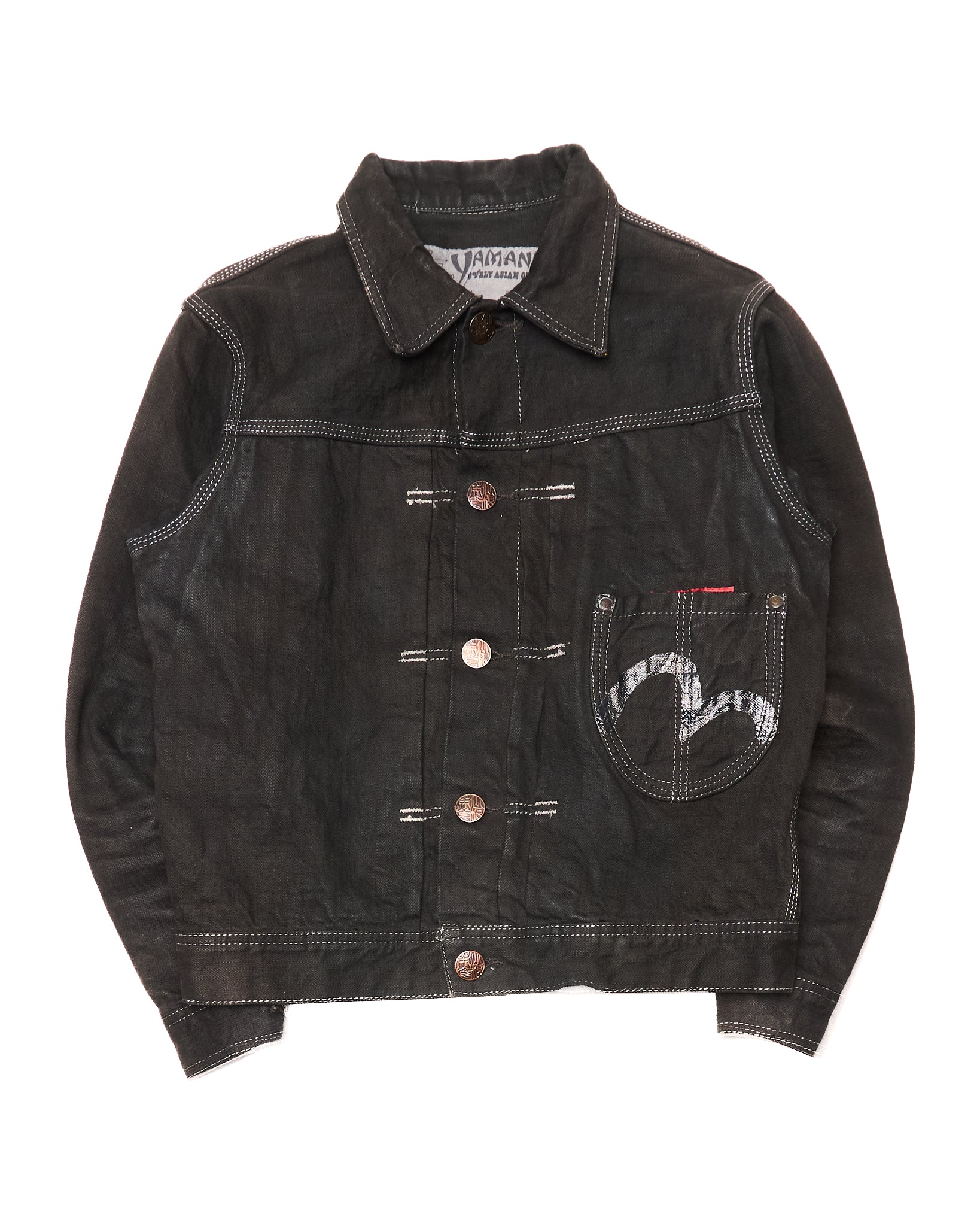 Mid 00s EVISU YAMANE Hand-Paint Seagull Type I Black Selvedge Denim Jacket