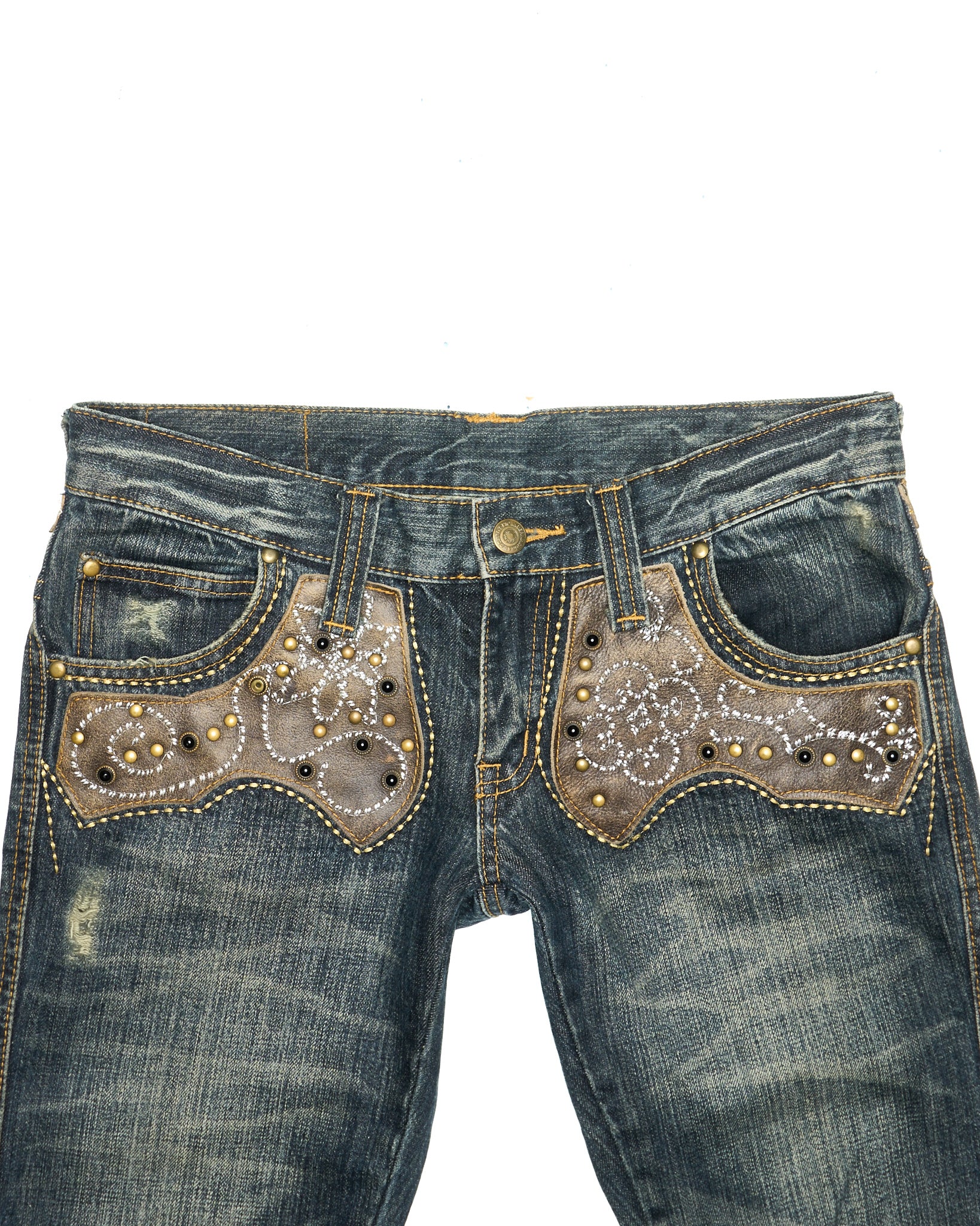 Mid 00s Tornado Mart Studded Leather Appliqué Slim Bootcut Denim