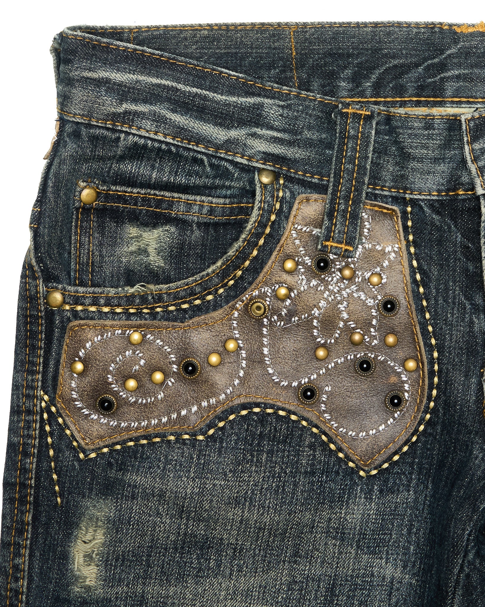 Mid 00s Tornado Mart Studded Leather Appliqué Slim Bootcut Denim