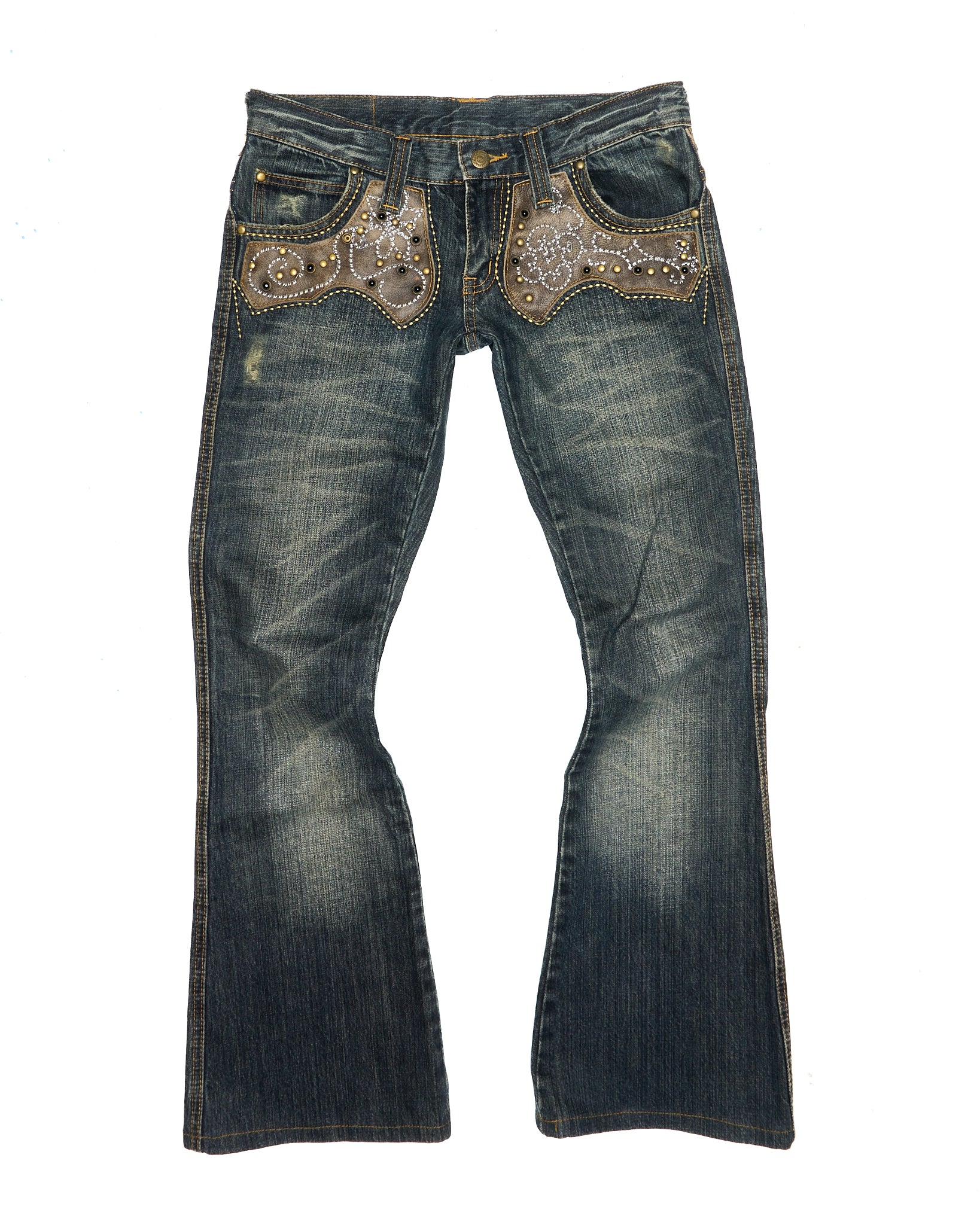 Mid 00s Tornado Mart Studded Leather Appliqué Slim Bootcut Denim
