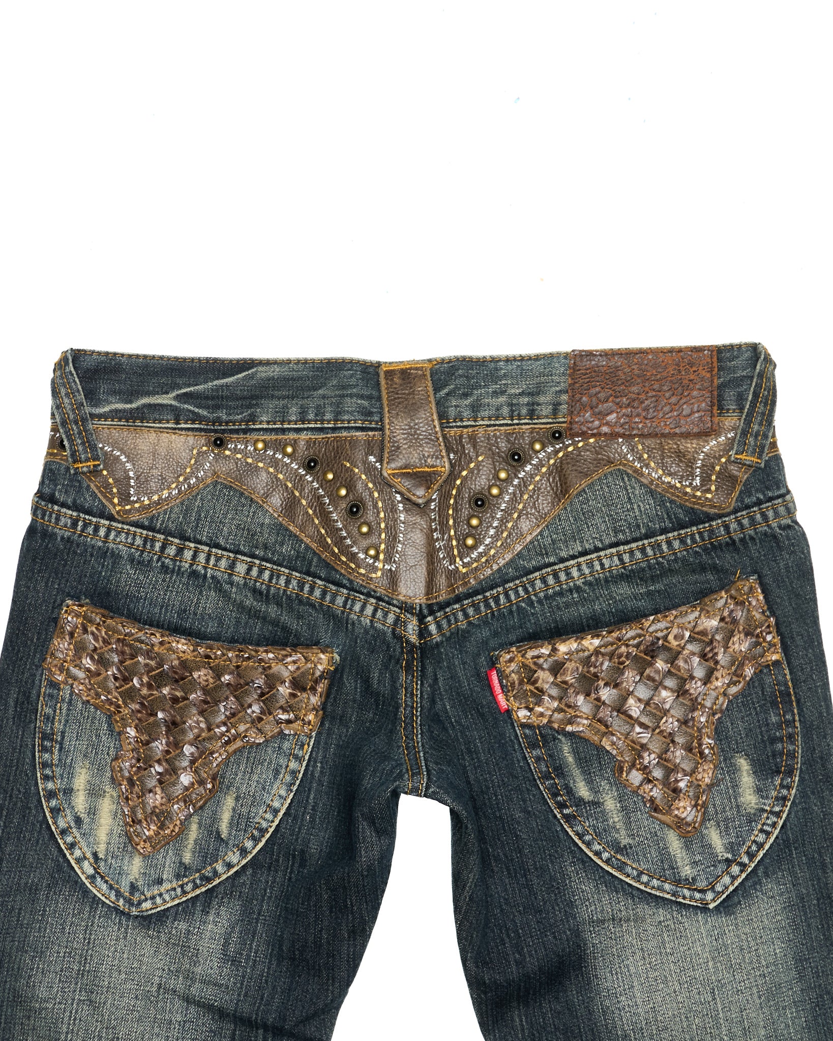 Mid 00s Tornado Mart Studded Leather Appliqué Slim Bootcut Denim