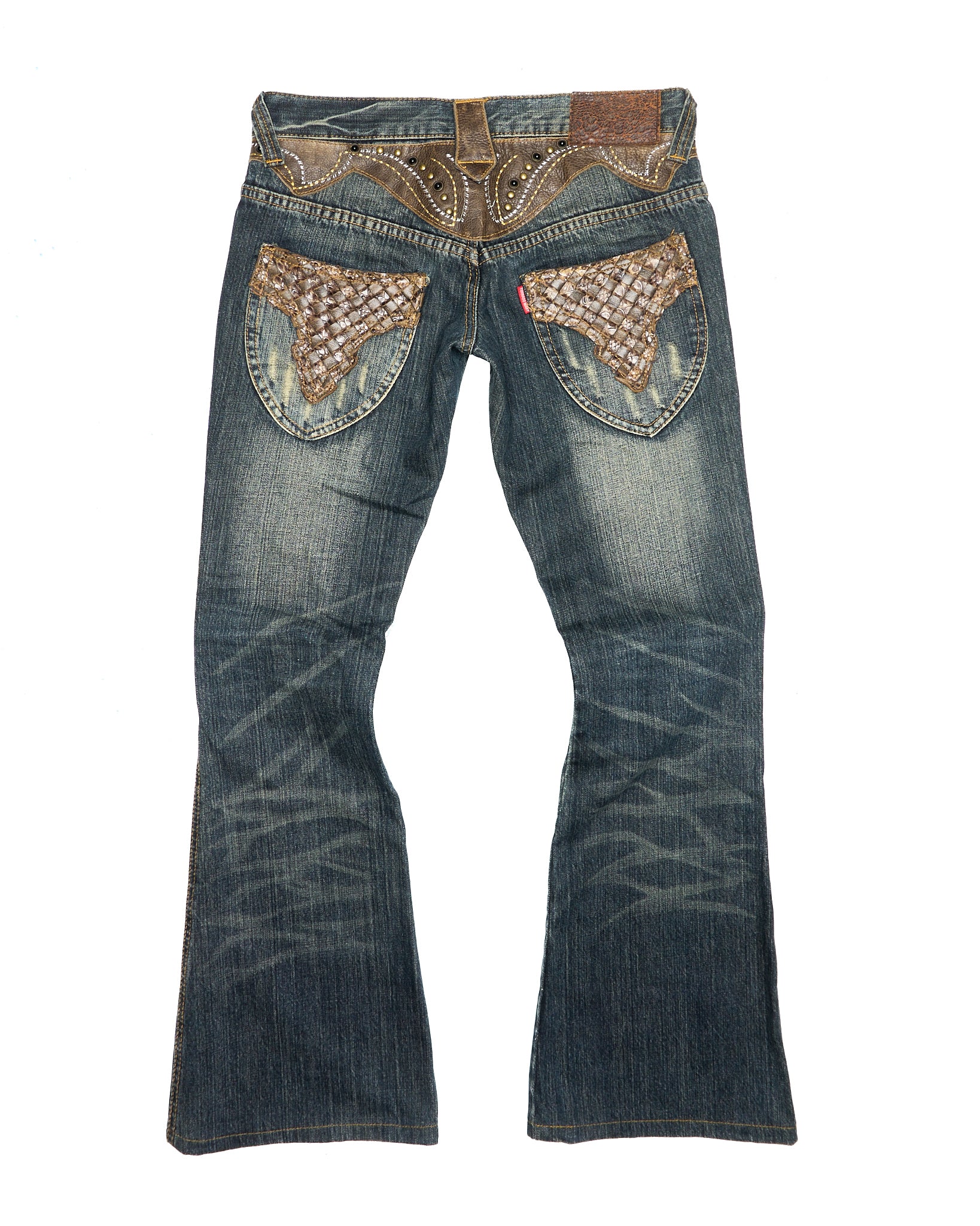 Mid 00s Tornado Mart Studded Leather Appliqué Slim Bootcut Denim