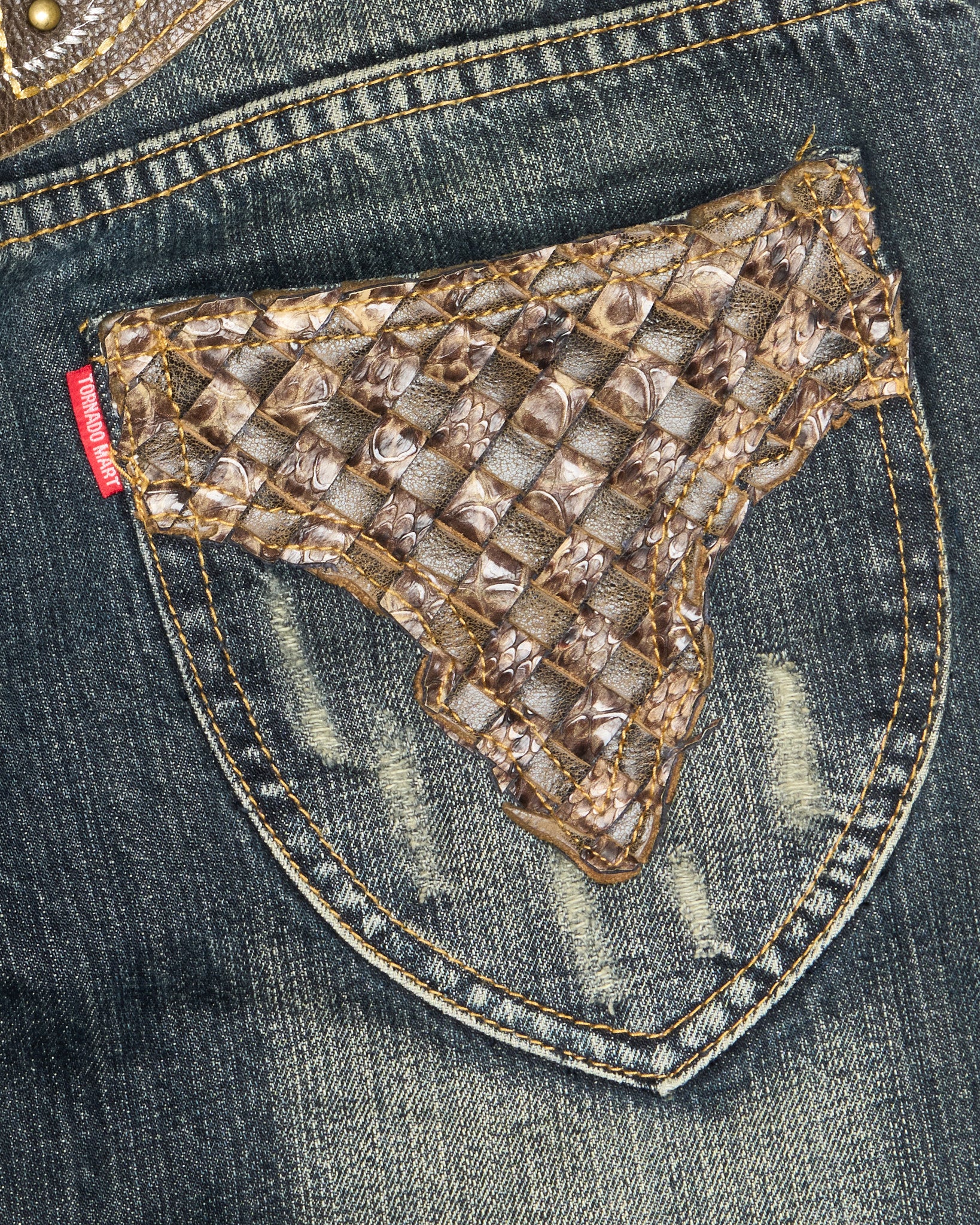 Mid 00s Tornado Mart Studded Leather Appliqué Slim Bootcut Denim