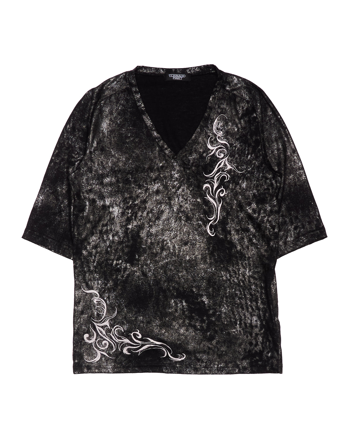 Tornado Mart Tribal Embroidery Black V-neck Tee Shirt