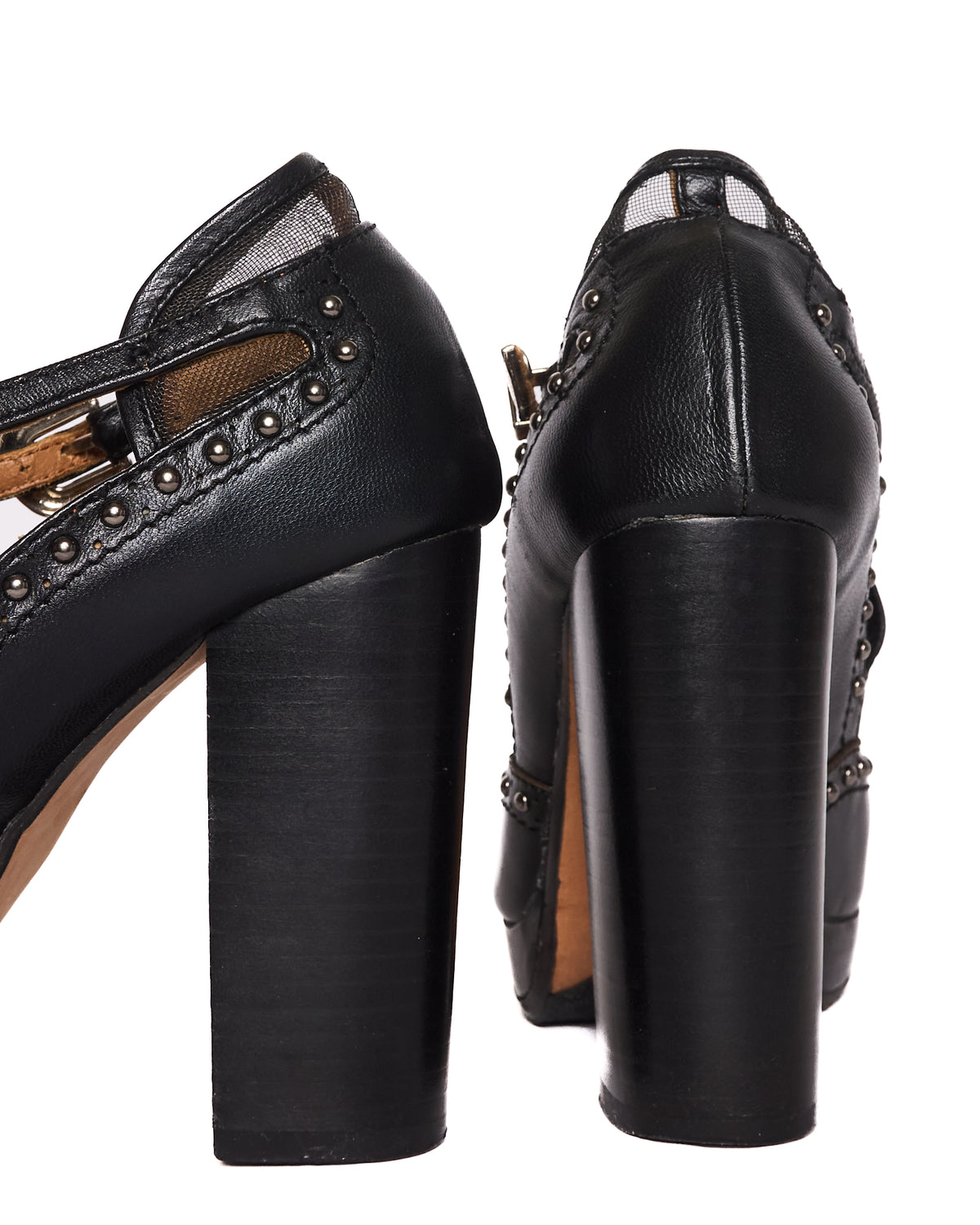 Early 2010s Mihara Yasuhiro Leather Studded Mesh T-Strap Platform Pump