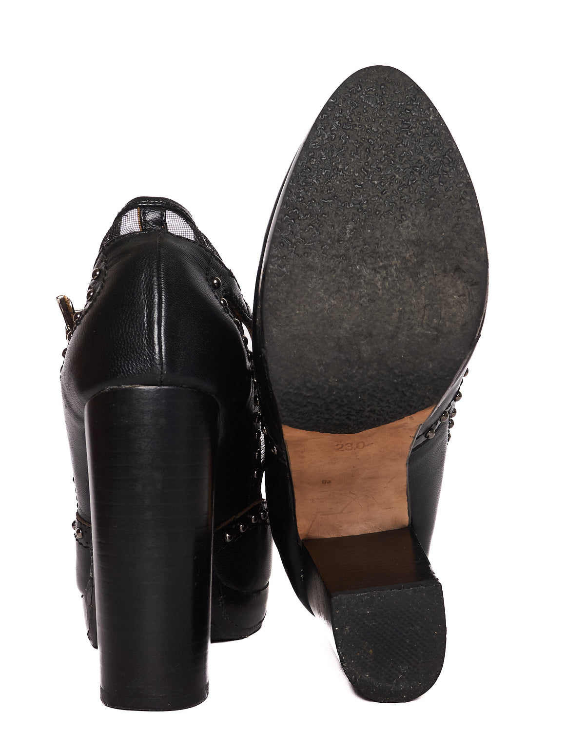 Early 2010s Mihara Yasuhiro Leather Studded Mesh T-Strap Platform Pump