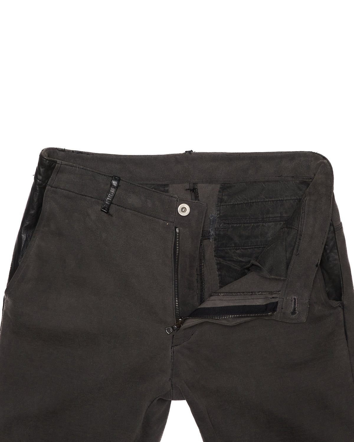2010s Isamu Katayama "BACKLASH" Grey Cotton Jersey Black Cow Leather Hybrid Slim Denim