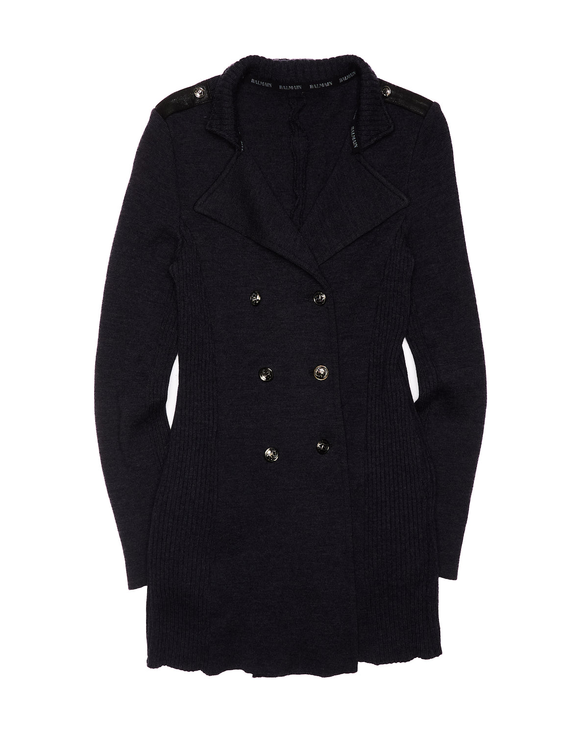Early 00s Balmain Grey Ribbed Knit Double-Breasted Coat