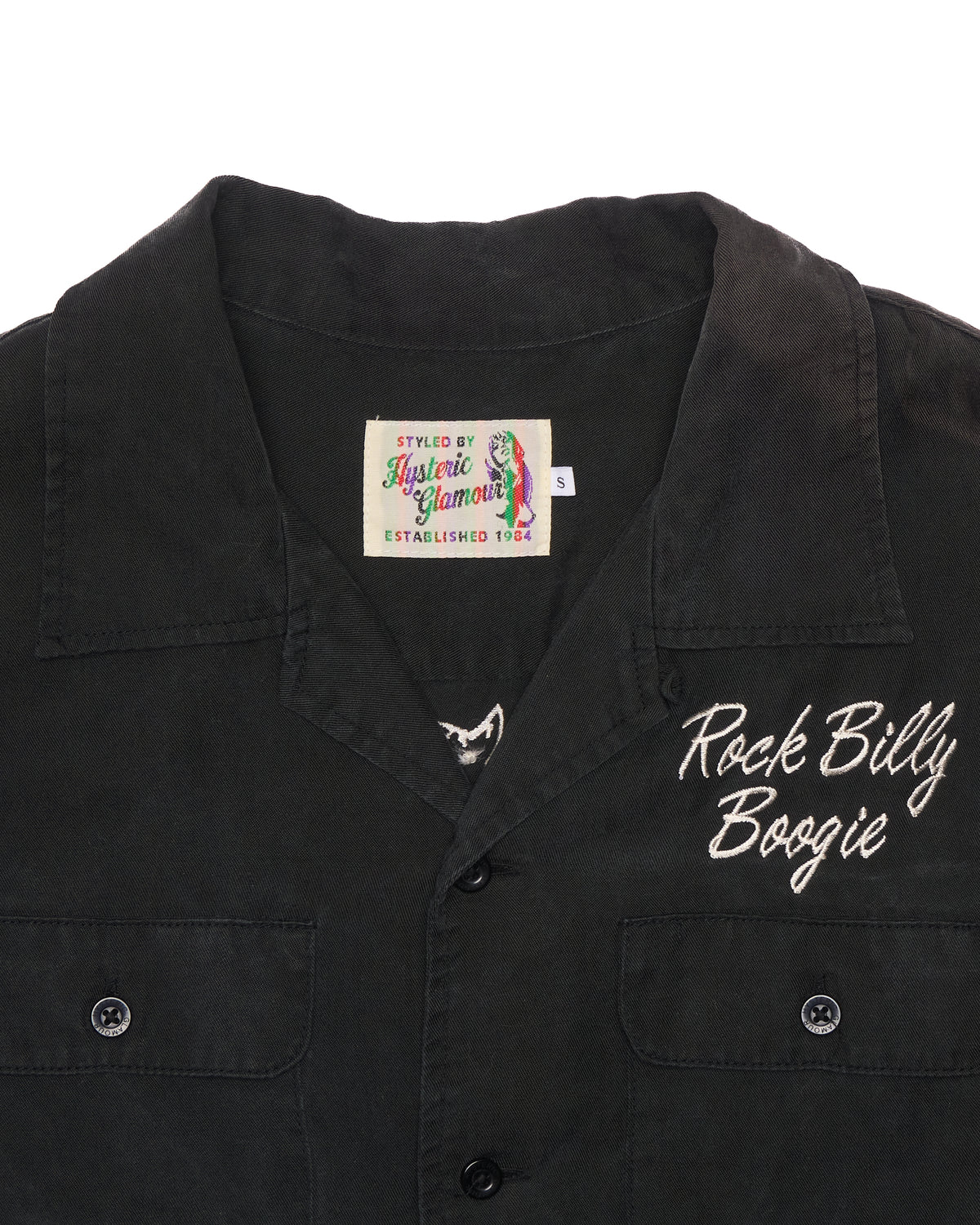 Early 00s Hysteric Glamour “Rock Billy Boogie” Black Loop-Collar Button Up Shirt
