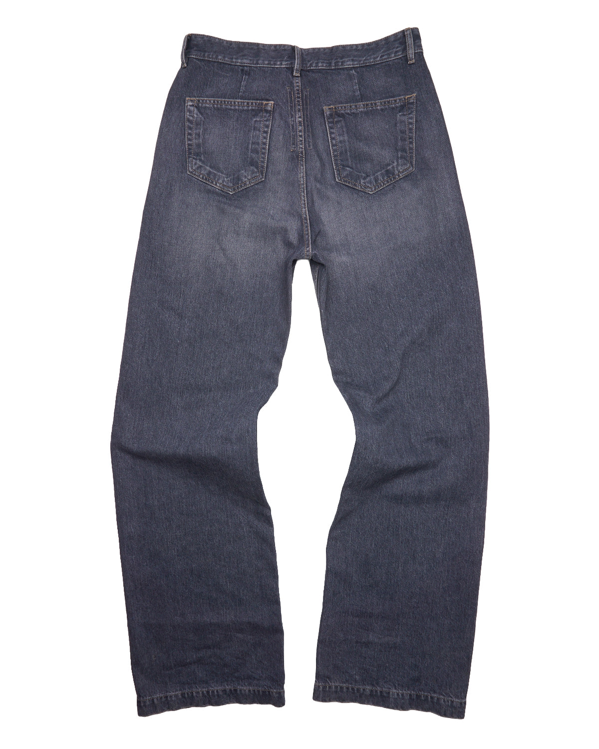 Back view of a pair of blue jeans on a white background