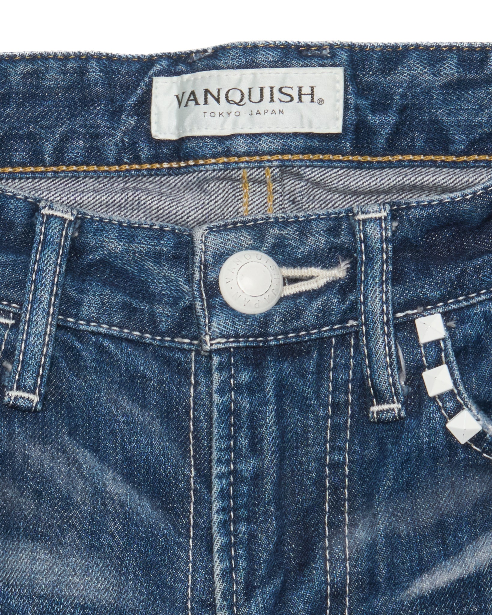 S/S11 VANQUISH Blue Washed Distressed Studded Bootcut Denim