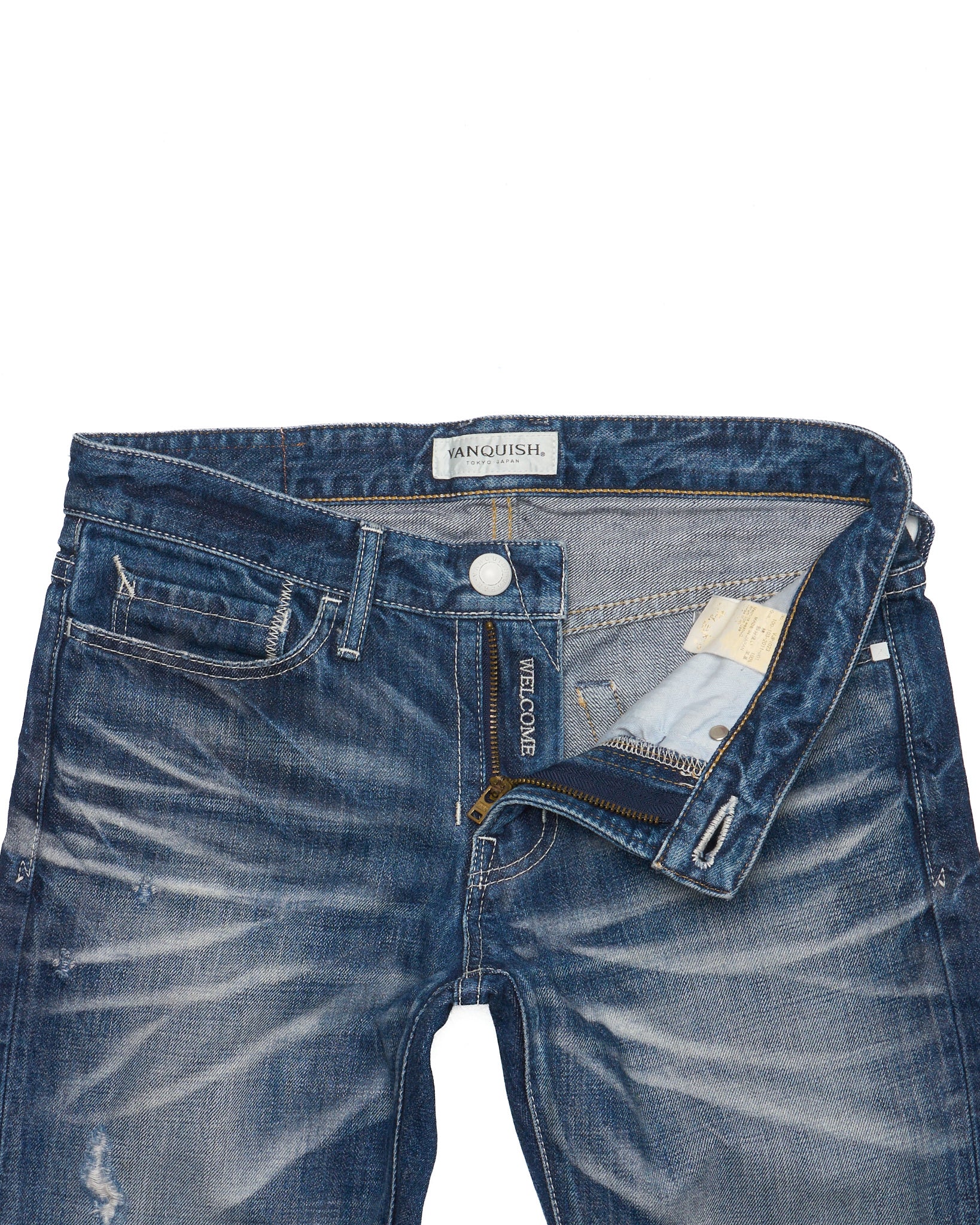 S/S11 VANQUISH Blue Washed Distressed Studded Bootcut Denim