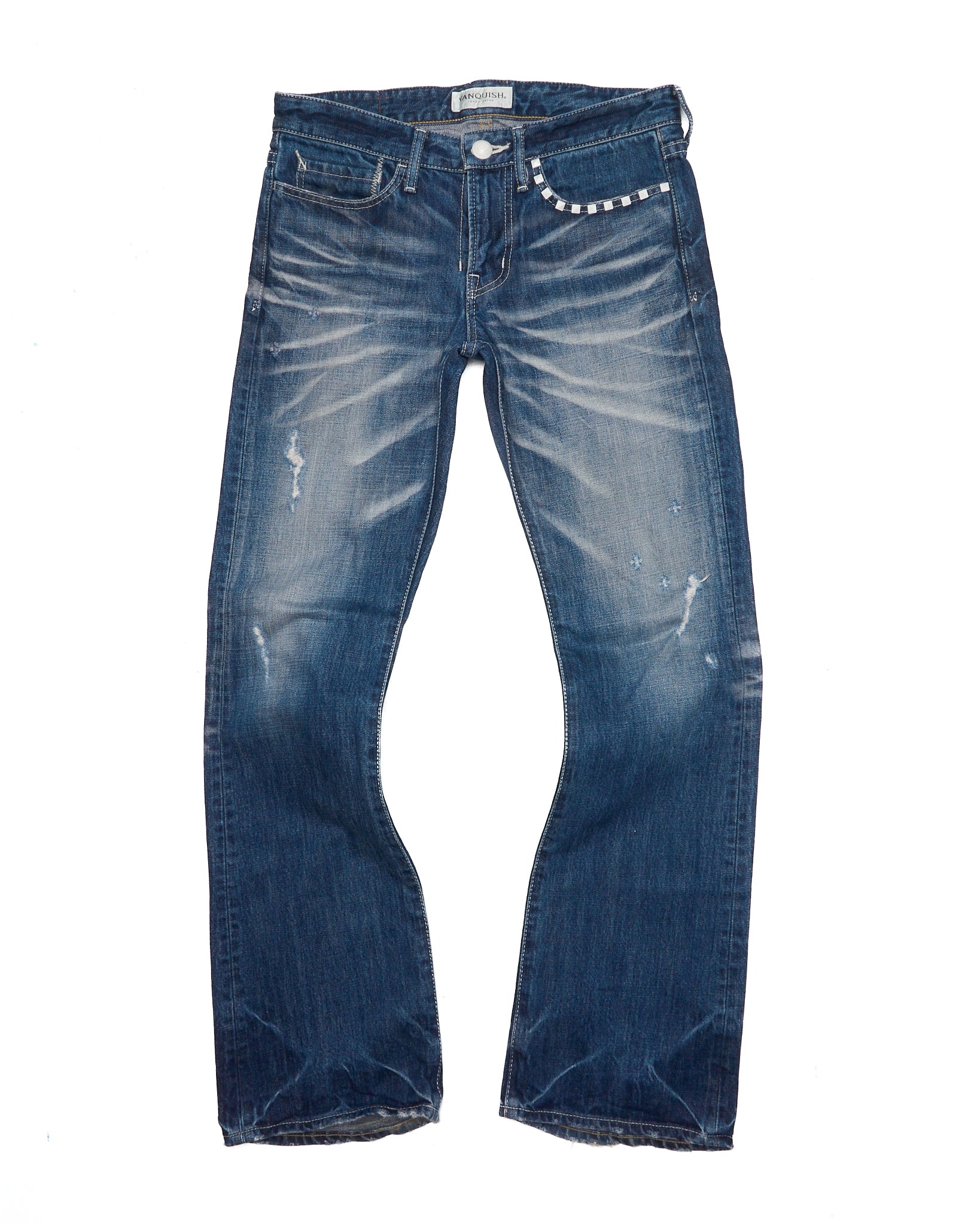 S/S11 VANQUISH Blue Washed Distressed Studded Bootcut Denim