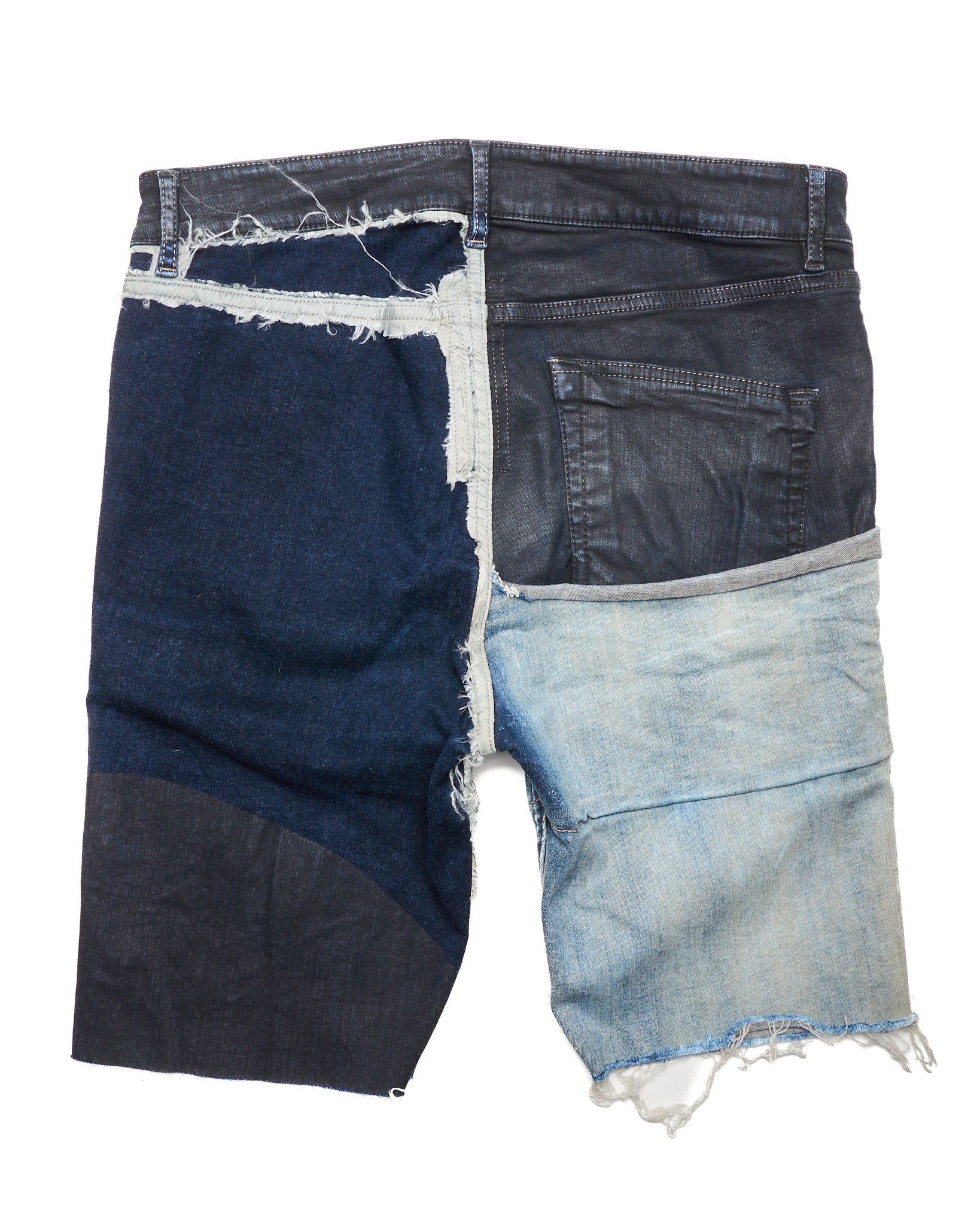 Pair of denim shorts with a distressed look on a white background