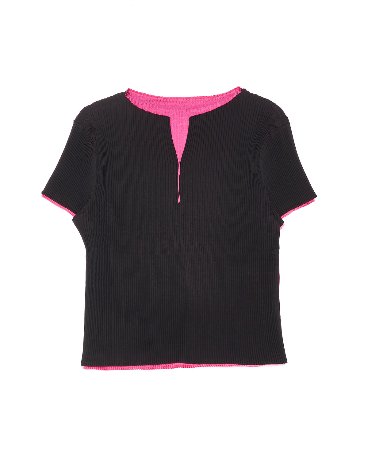 Issey Miyake Black/Magenta Pleated Short Sleeve Blouse