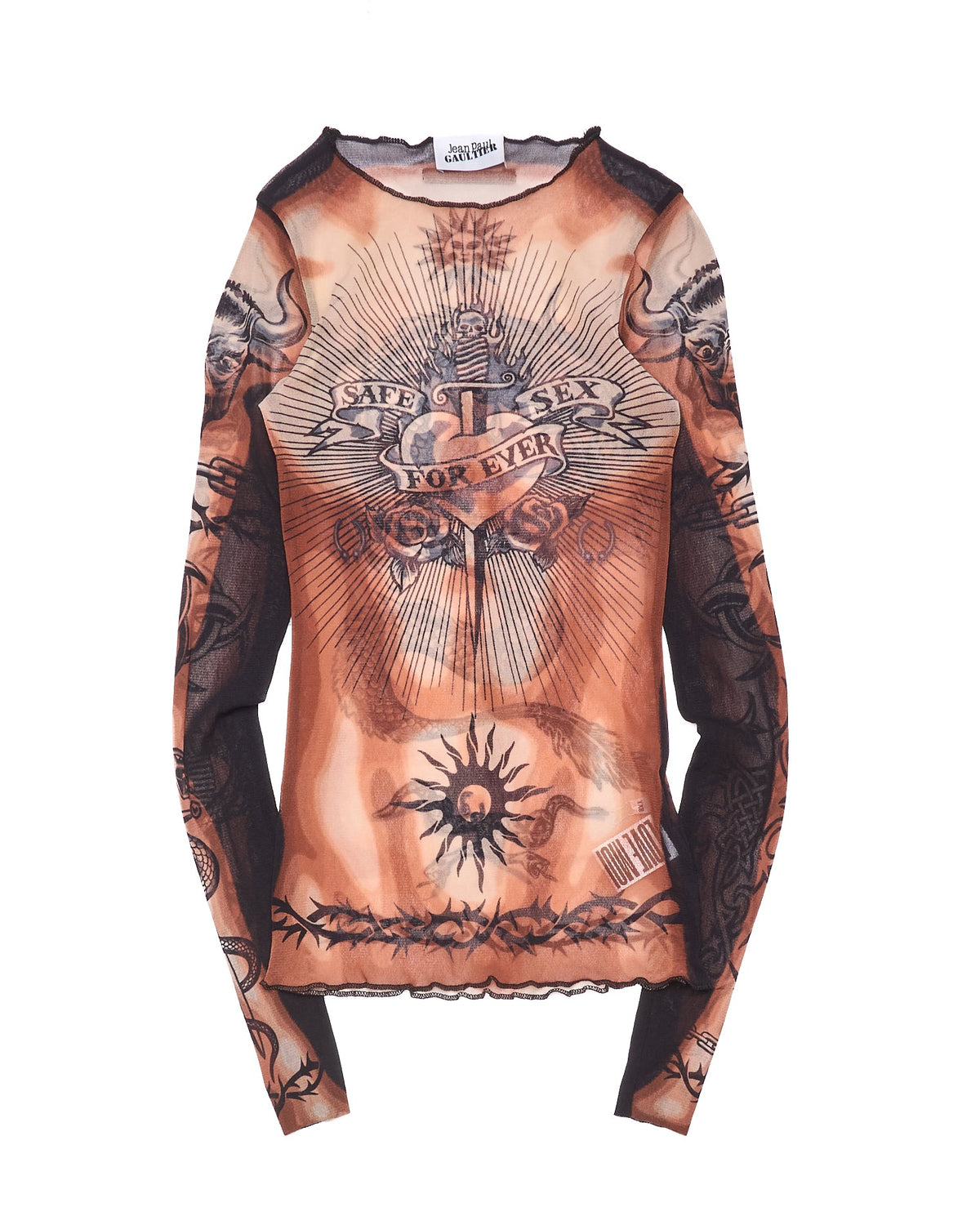 Jean Paul Gaultier "Safe Sex Forever" Tattoo Mesh Long Sleeve Tee