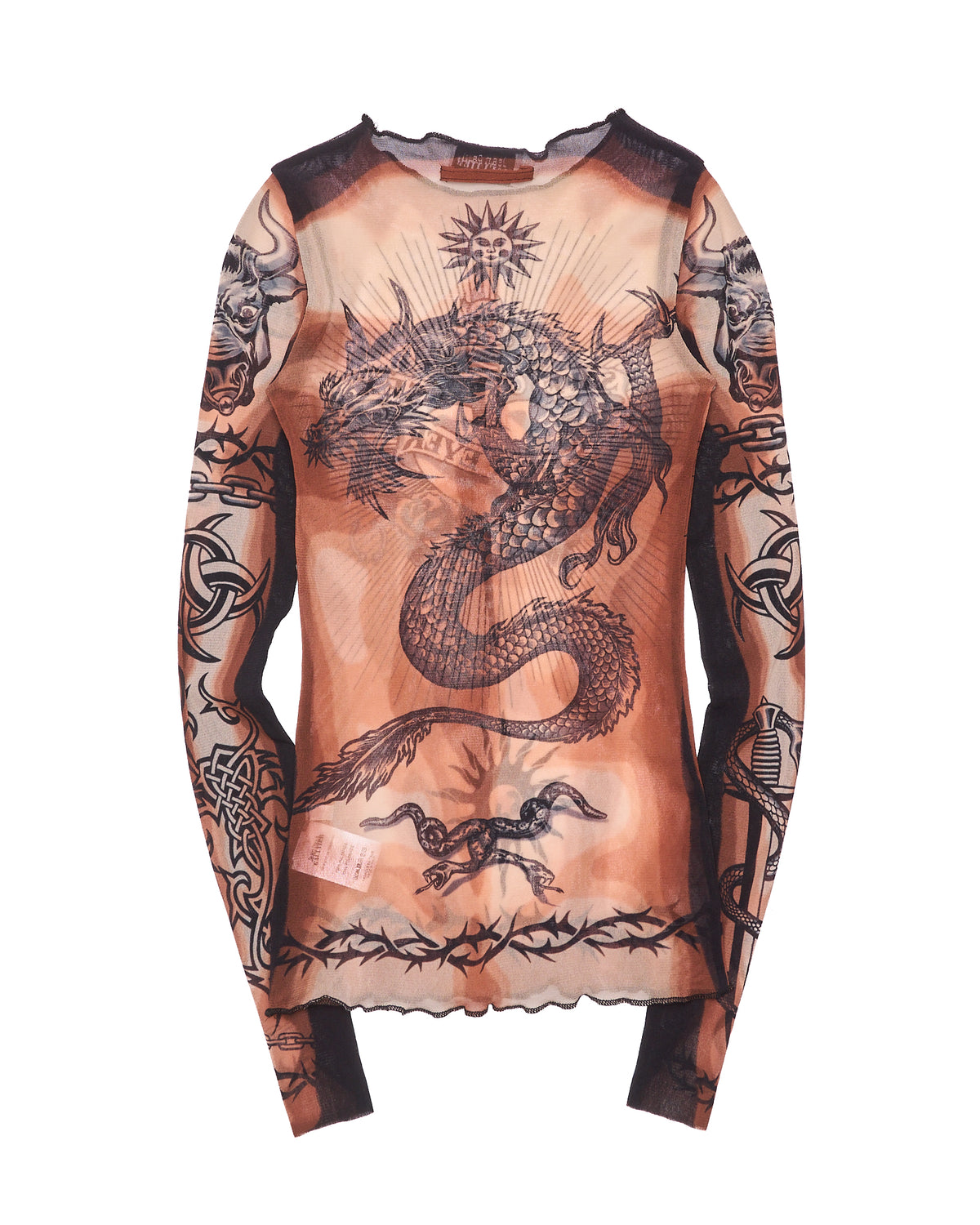 Jean Paul Gaultier "Safe Sex Forever" Tattoo Mesh Long Sleeve Tee