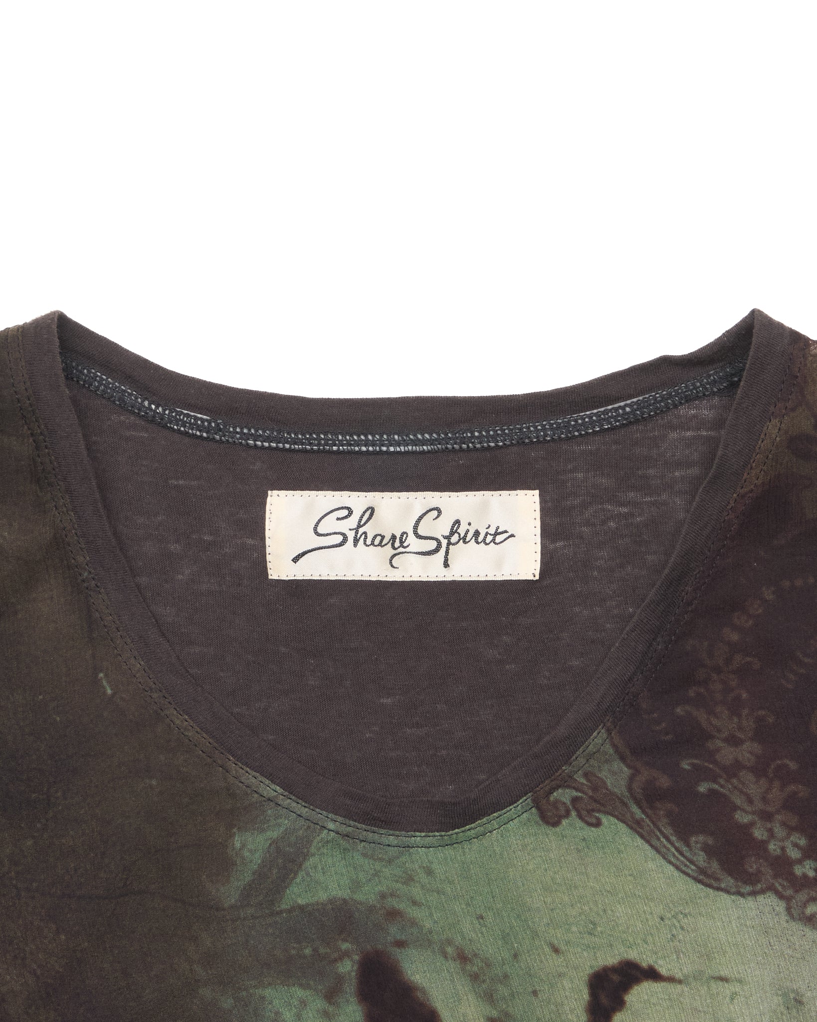 Close-up of a dark brown t-shirt with a 'Share Spirit' label on a white background