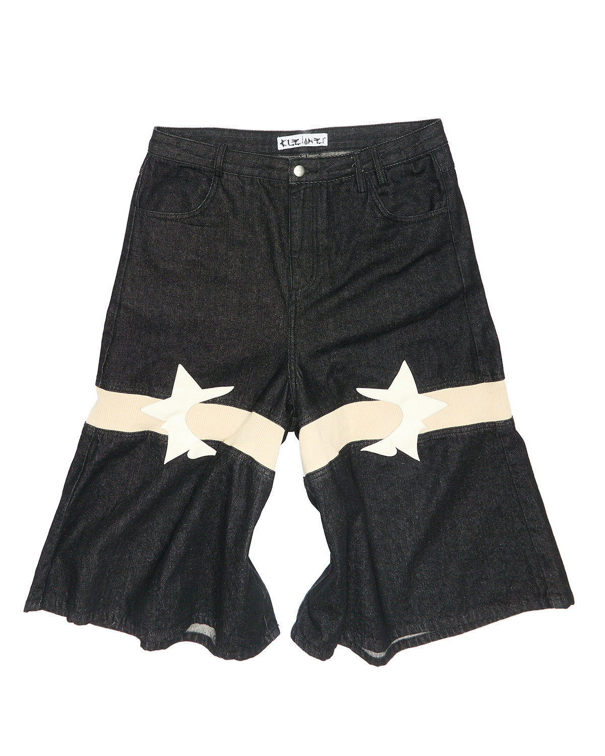 CLEiONER Black Star Appliqué Wide Leg Denim Shorts