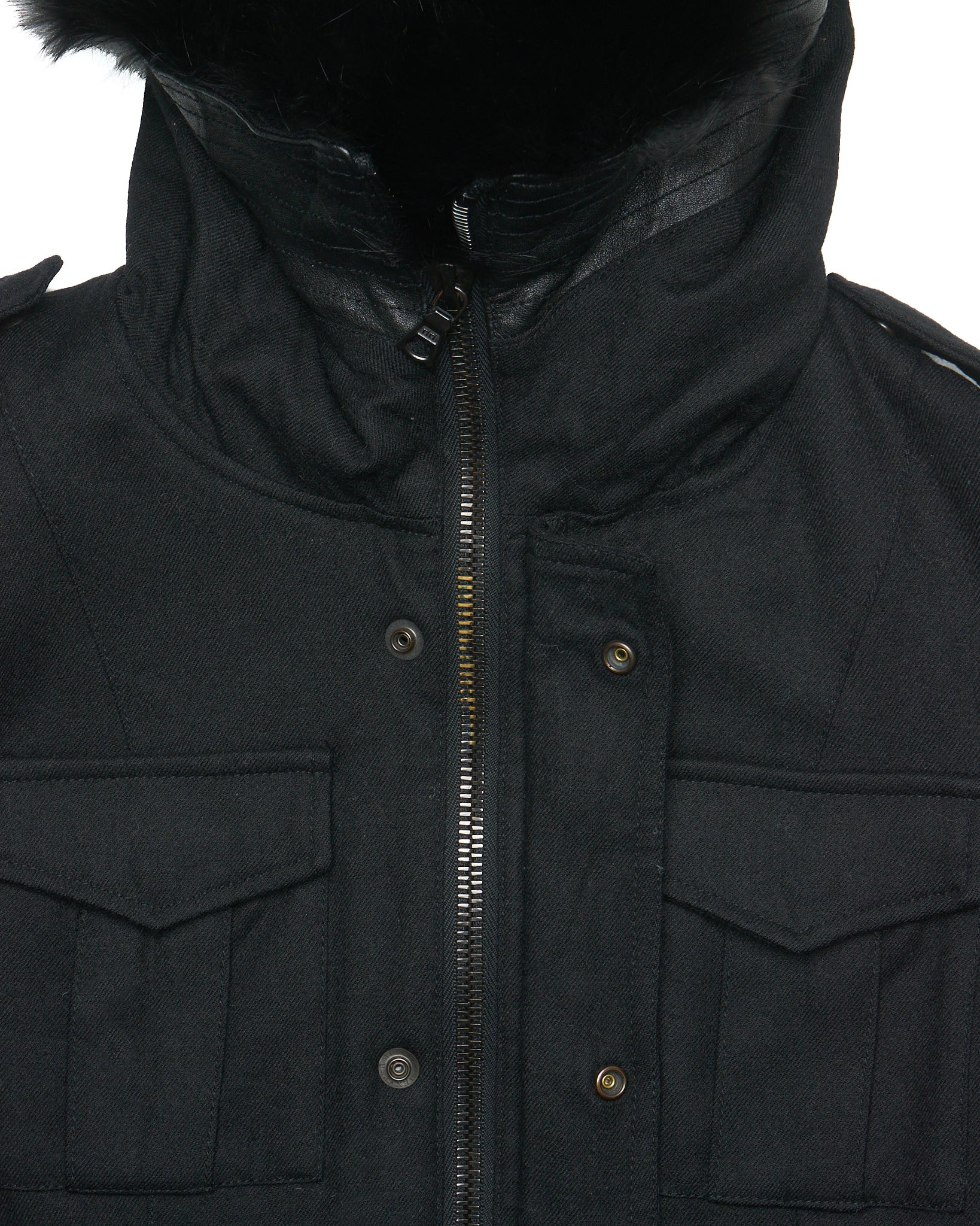 ballet by Isamu Katayama "BACKLASH" Fox Fur Hooded Hybrid Cow Leather Sleeved Field Jacket
