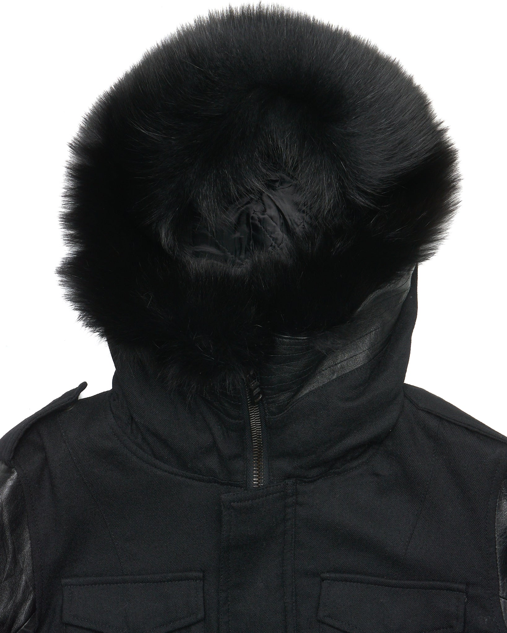 ballet by Isamu Katayama "BACKLASH" Fox Fur Hooded Hybrid Cow Leather Sleeved Field Jacket