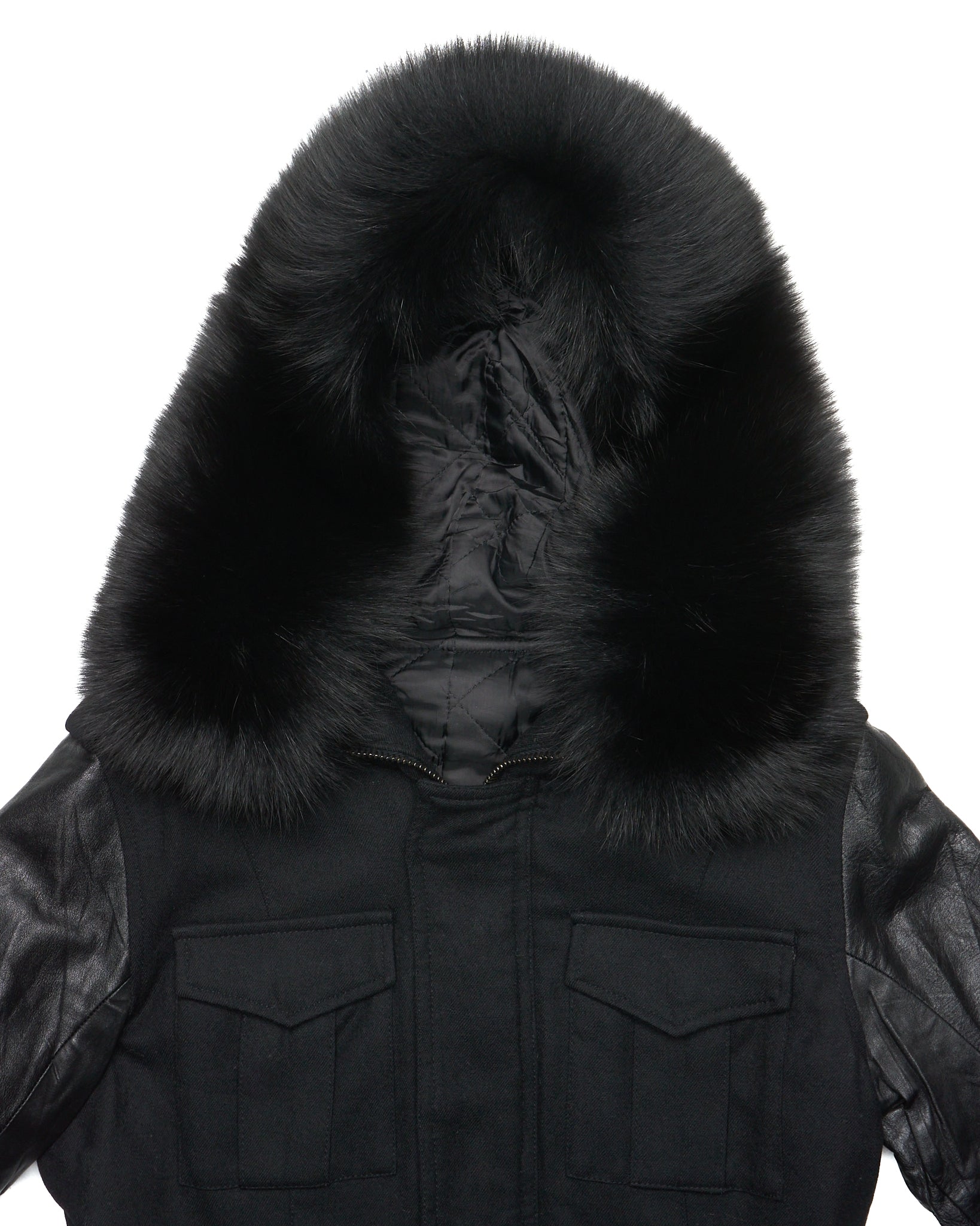 ballet by Isamu Katayama "BACKLASH" Fox Fur Hooded Hybrid Cow Leather Sleeved Field Jacket