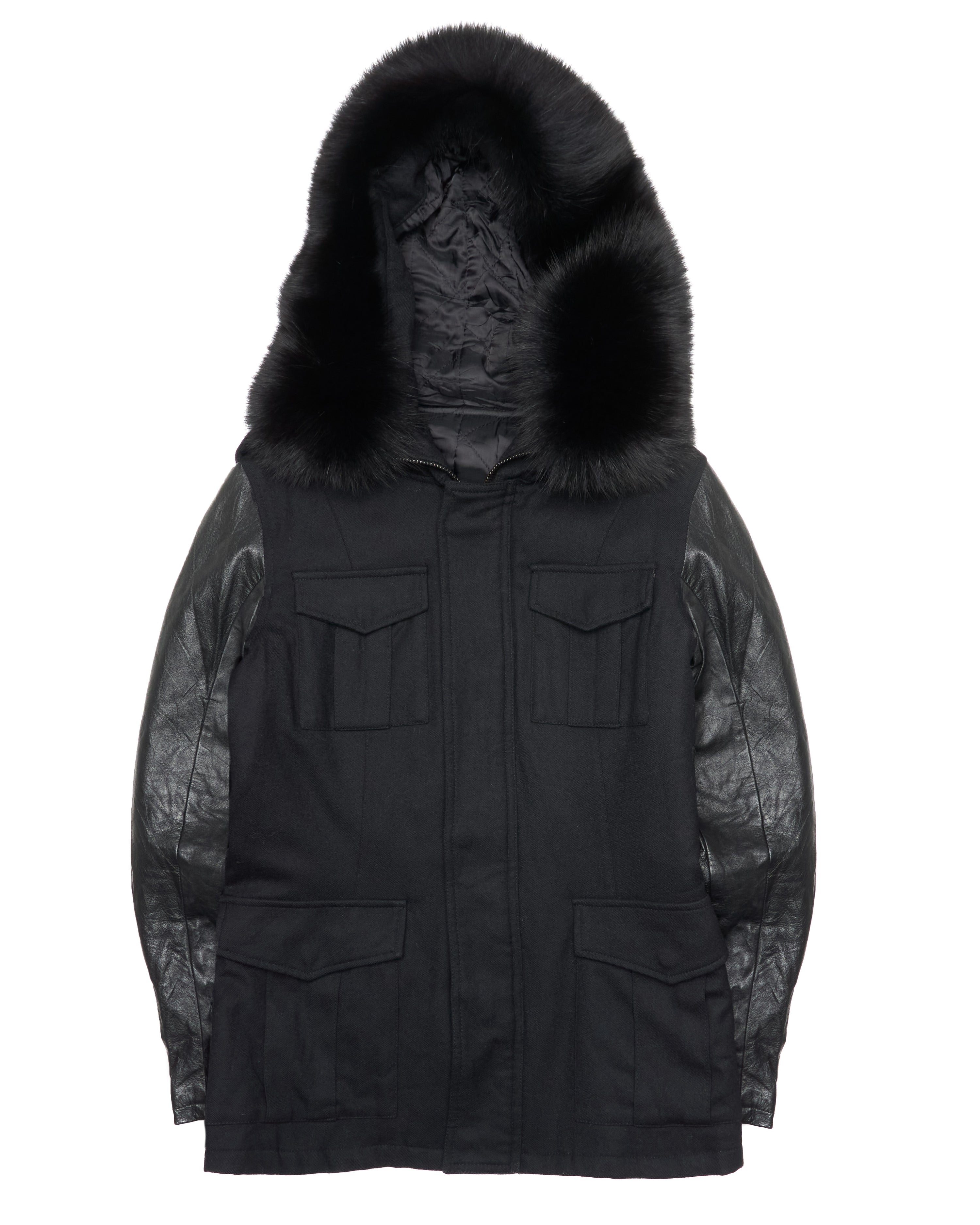 ballet by Isamu Katayama "BACKLASH" Fox Fur Hooded Hybrid Cow Leather Sleeved Field Jacket