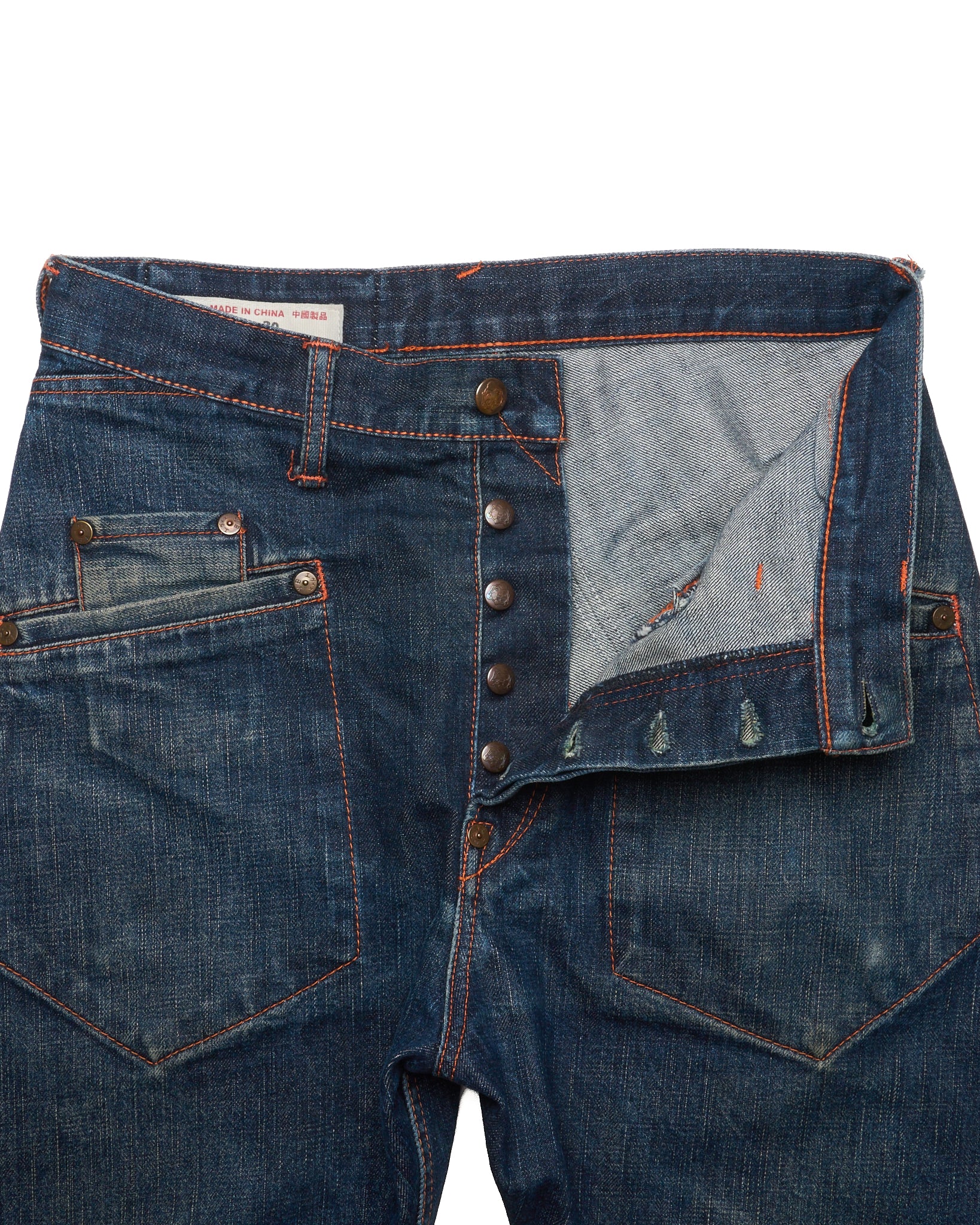 Early 00s EVISU Embroidered Kamon Kanji Twisted Selvedge Jeans