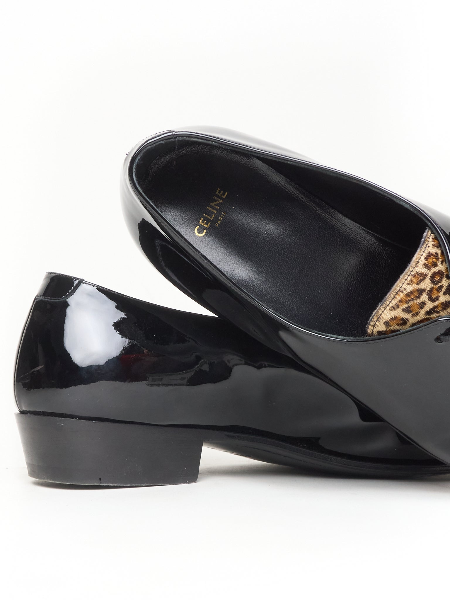CELINE by Hedi Slimane Leopard Patent Leather Derbies