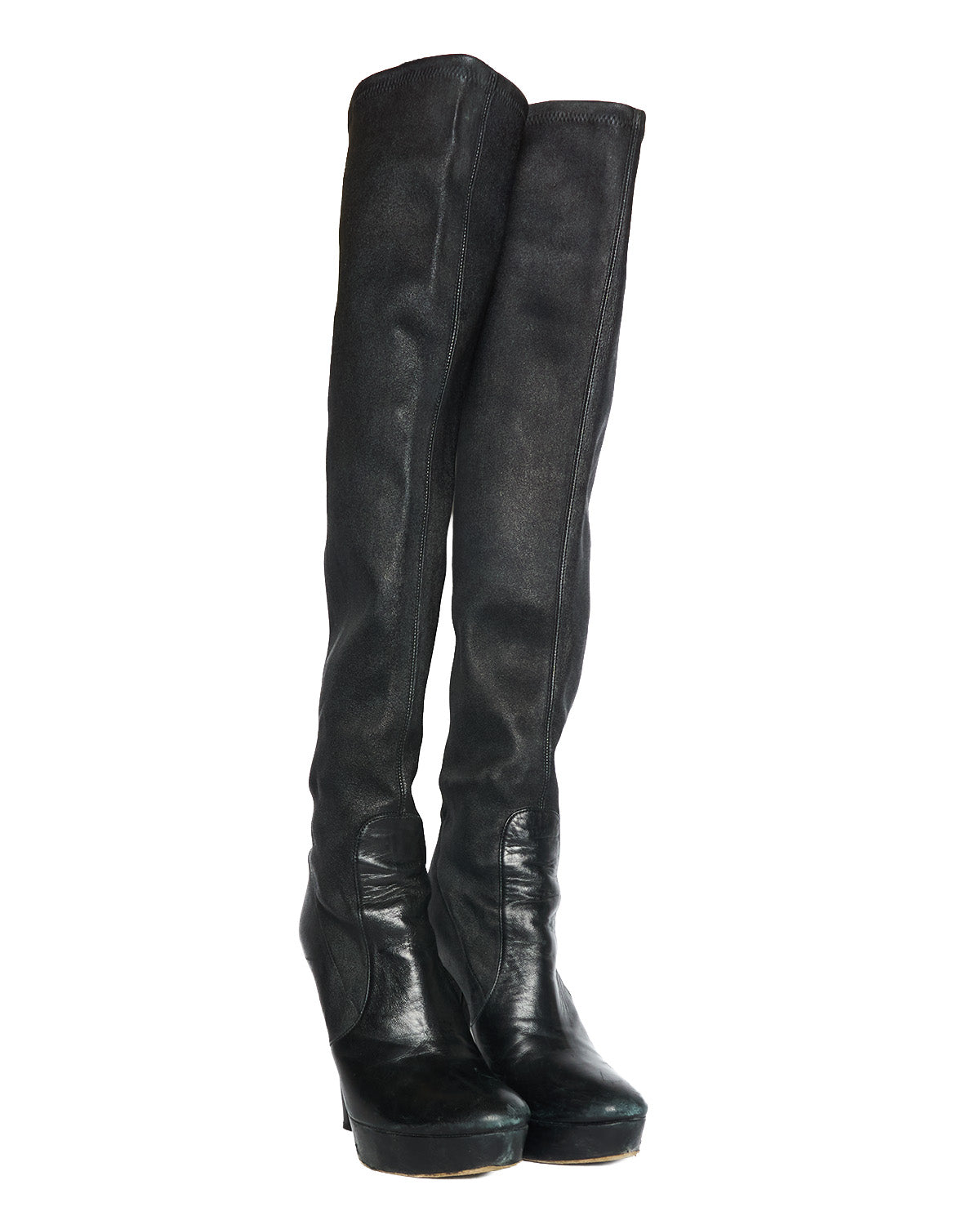 Early 2010s Miu Miu Neoprene and Leather Over The Knee Black Heeled Boots